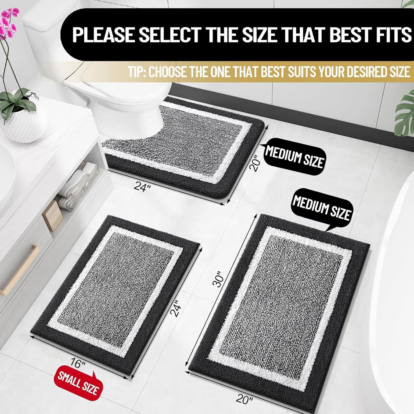 OLANLY Microfiber Bath Rugs - Extra Soft & Absorbent Non-Slip Mats | 24x16 Black, Machine Washable