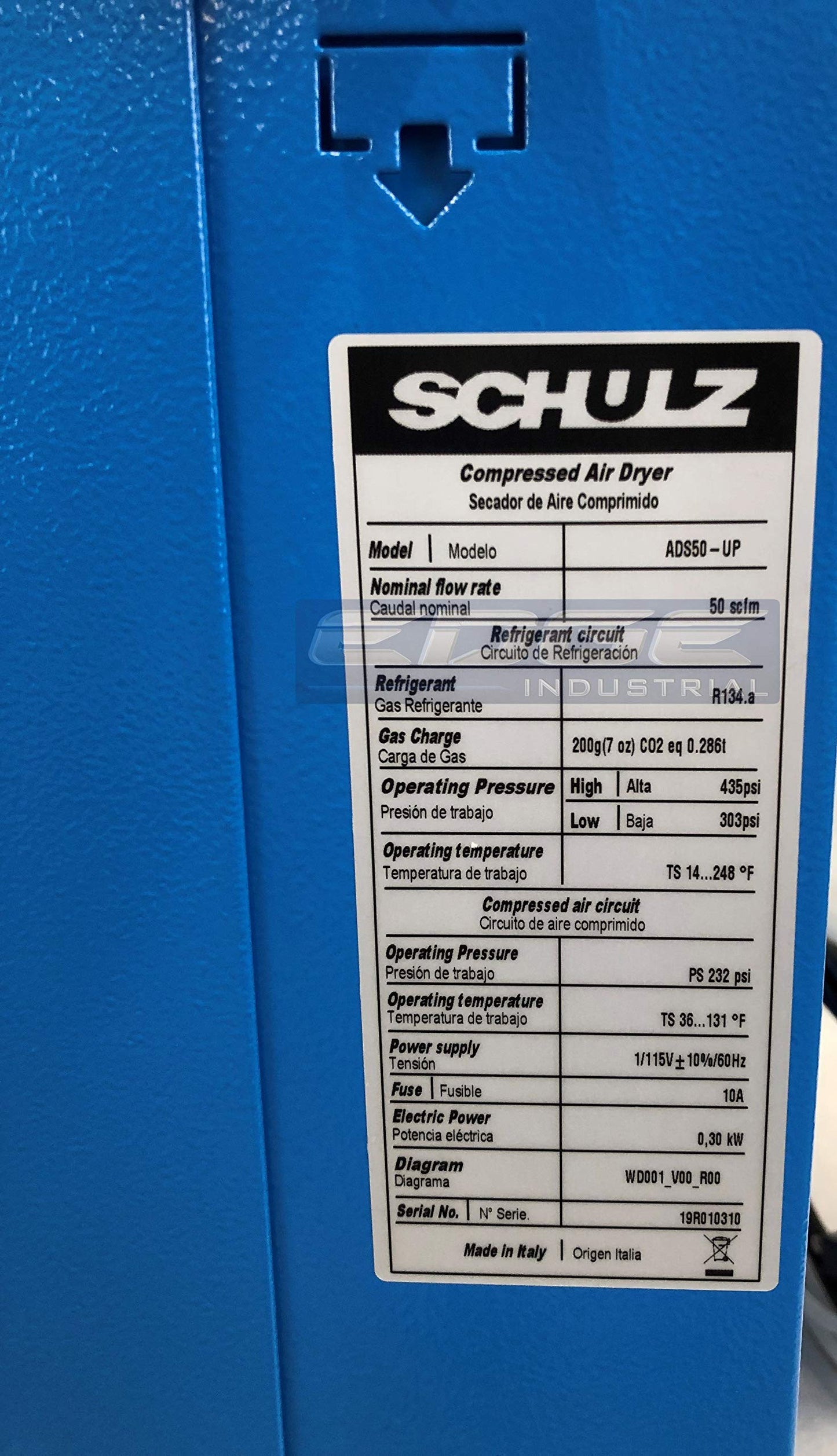 SCHULZ REFRIGERATED AIR DRYER FOR AIR COMPRESSOR, COMPRESSED AIR SYSTEMS, 50 CFM, GOOD FOR 10HP & 15HP COMPRESSORS (STAND ALONE DRYER)