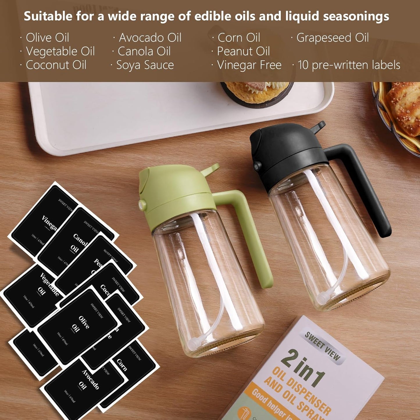 Sweet View Olive Oil Sprayer - 16oz Glass Dispenser for Cooking & BBQ | Kitchen Gadget (Black)