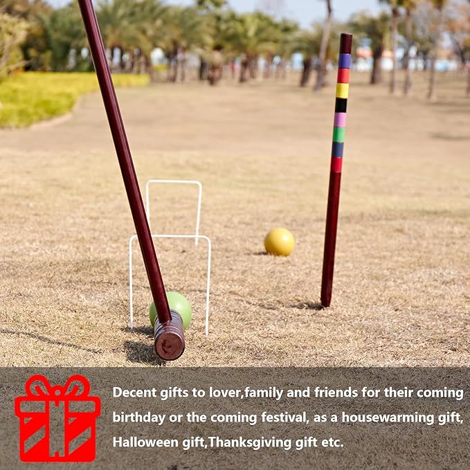 Croquet Set for Adults - 8 Players Croquette Kit with 35In Deluxe, 32In Regulation Size Rubber Wood Mallets, Colored PE Ball, Wickets, 24In End Stakes, Lawn Backyard Game for Families