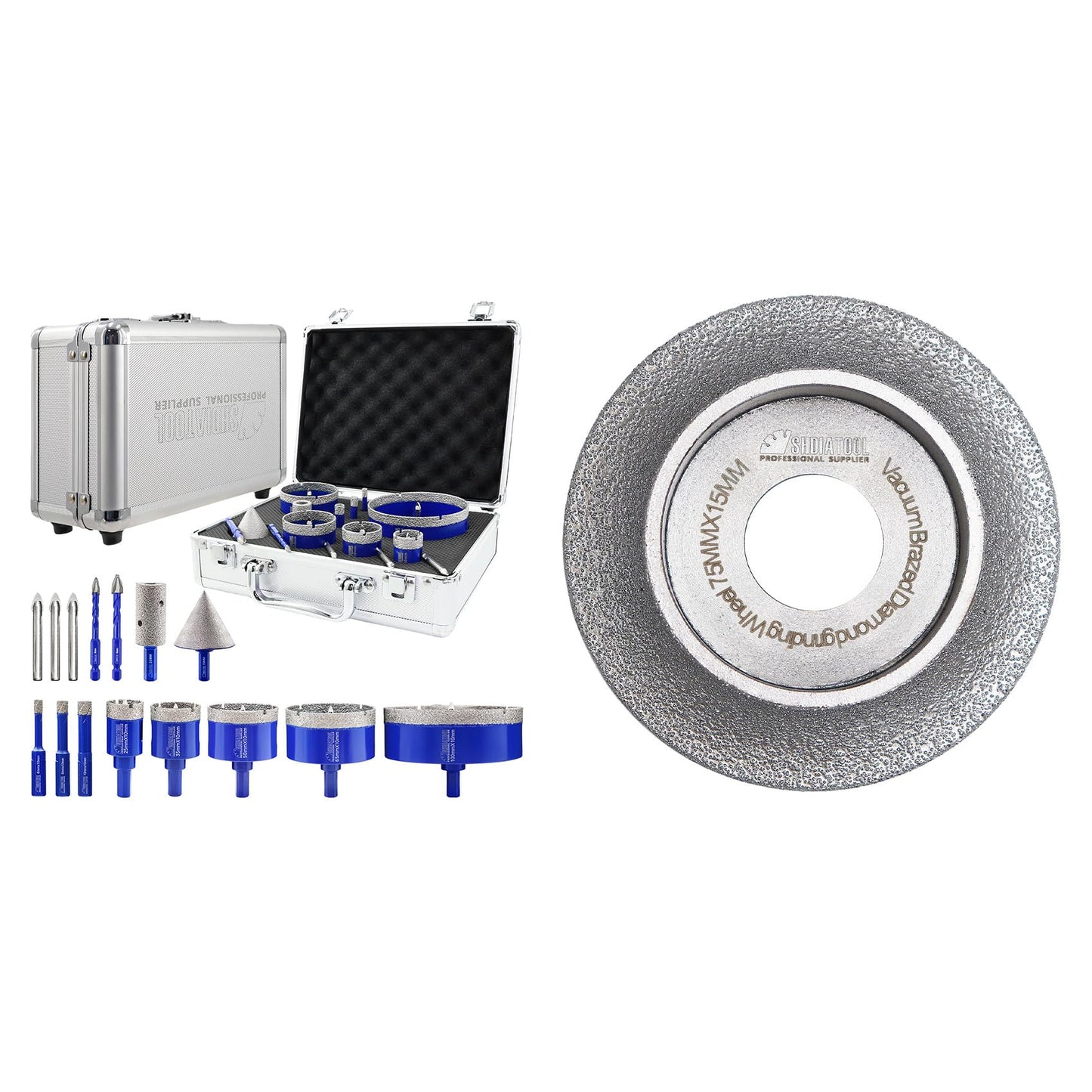 SHDIATOOL Tile Diamond Drill Bits Kit, Porcelain Hole Saw Sets, Ceramic Core Bits Cutter Drilling for Stone Marble Granite 15pcs(6/8/10/25/35/50/65/100MM/20MM/2/6/8MM)