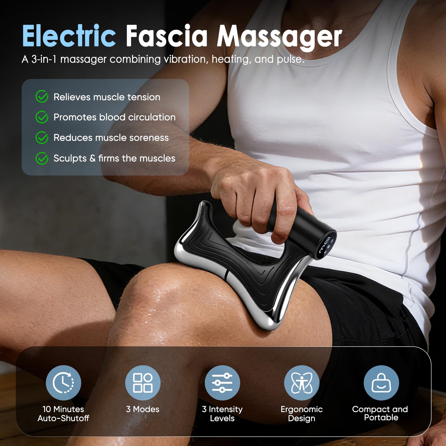 Heated Muscle Scraper Tool with Pulse, Vibration & Heat, Muscle Scraper Tool for Deep Tissue Myofascial Release, Gua Sha Massage Tool for Muscle Pain Relief & Full Body Relaxation (Black)