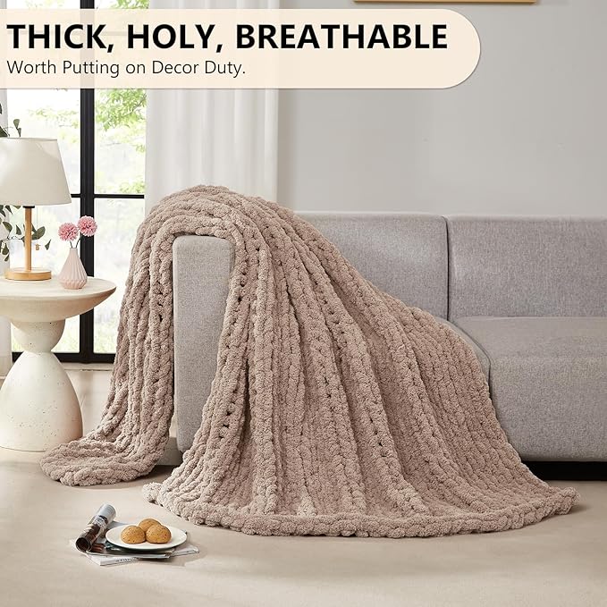 L'AGRATY Chunky Knit Blanket Throw: 72''x84'' Chenille Chunky Knitted Throw Blankets for Bed Couch - Handmade Thick Big Cable Knit Blanket - Large Crochet Rope Blankets for Home Decor(Light Taupe)