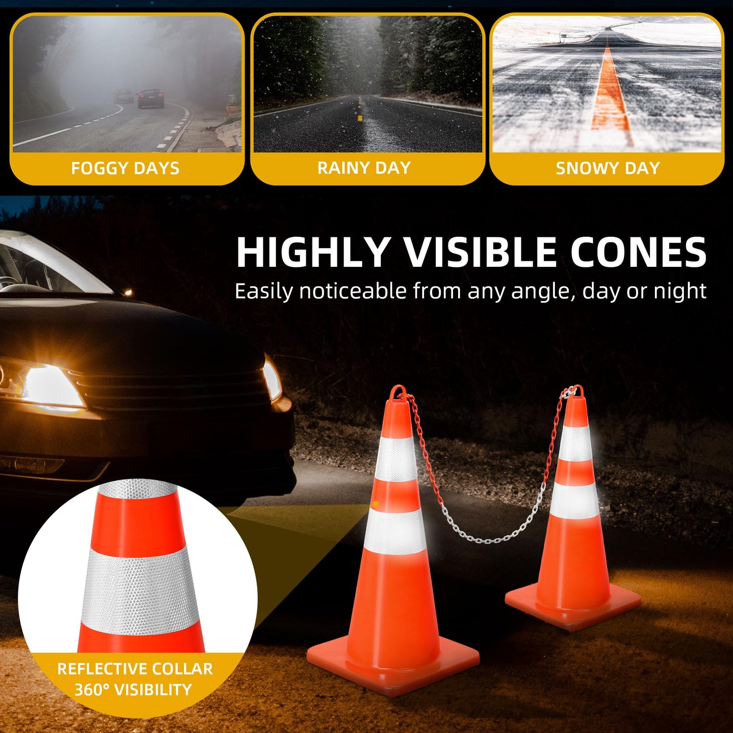 DWVO 12Pack 28in Traffic Cones with 36FT Chain, Safety Road Parking Cones PVC Base, Orange Traffic Cone with Reflective Collars, Hazard Construction Cones for Home Traffic Parking Road
