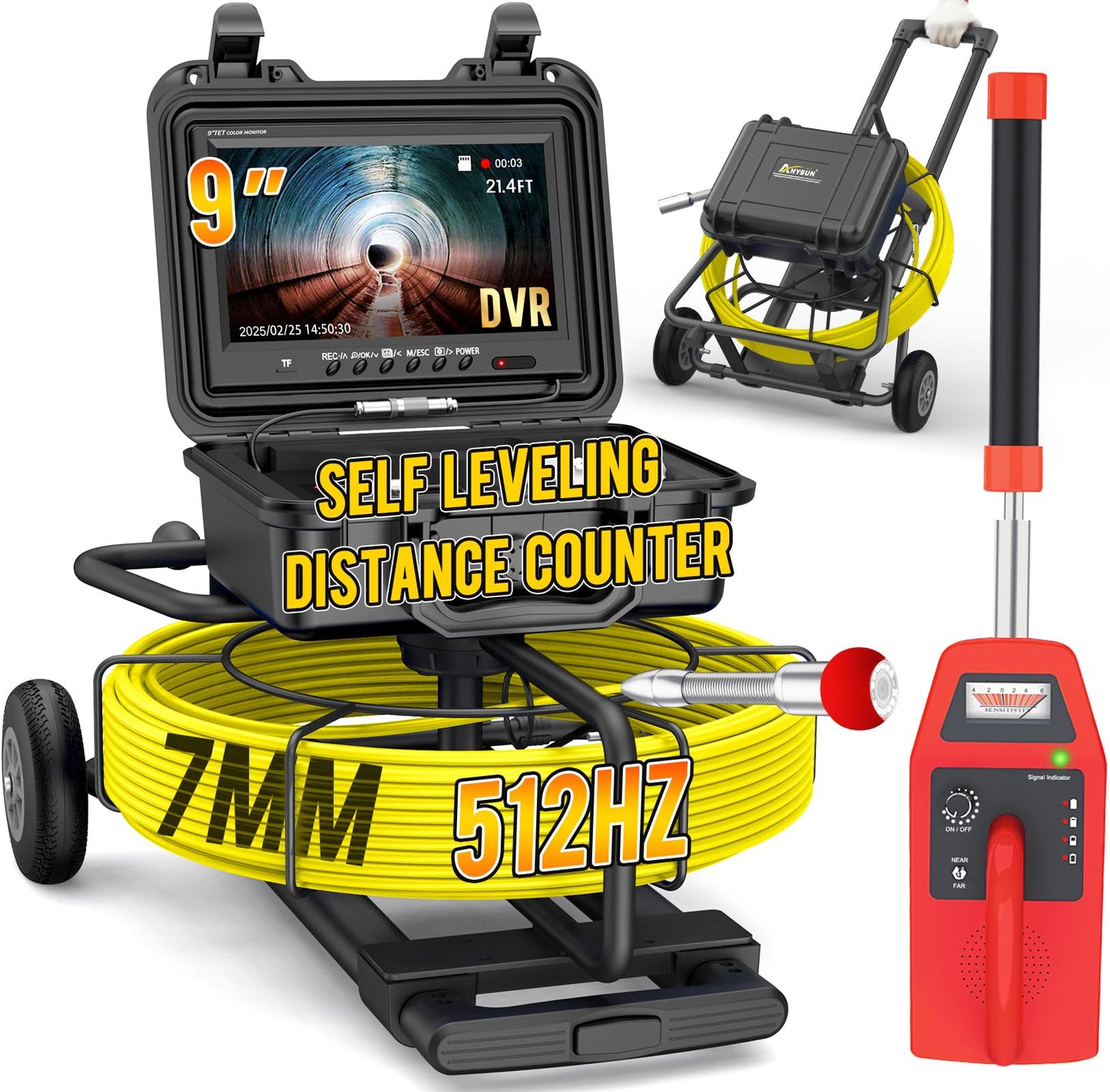 Anysun Sewer Camera with Locator 300ft, Self Leveling Sewer Inspection Camera with Distance Counter, 7MM Diameter Cable with Trolley and Wheels, 9" HD Monitor with DVR Drain Pipe Camera(32GB Card)