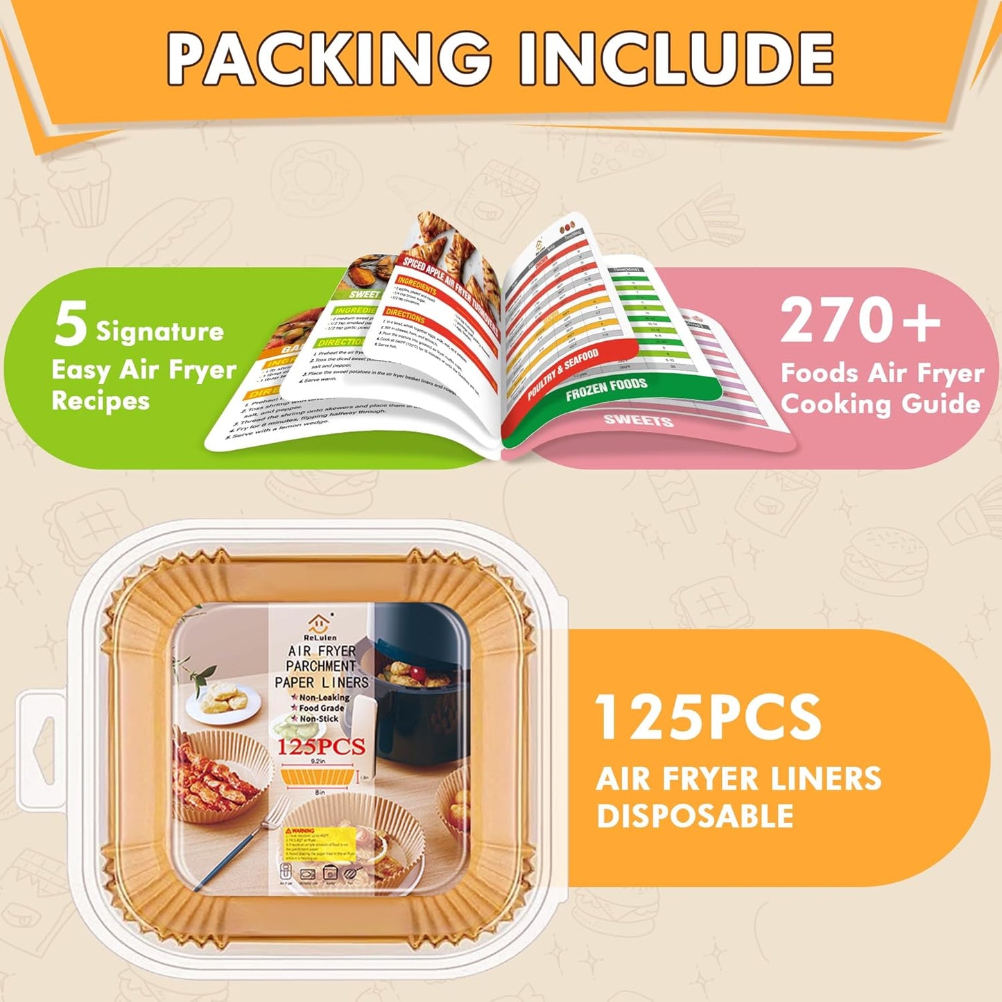 Skiennix Air Fryer Liners - 125 Pcs 8-Inch Non-Stick Parchment Paper with Cooking Guide Booklet