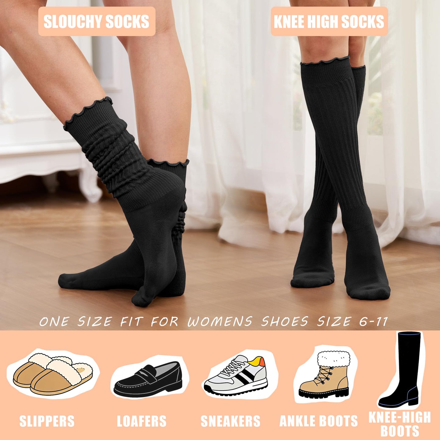AugRing Women’s Ruffle Slouchy Socks 3 Pack Retro Cute Frilly Scrunch Knee High Cozy Cotton Long Boot Chunky Socks Size 6-11 (US, Alpha, One Size, Regular, Regular, 3 Pairs Black)