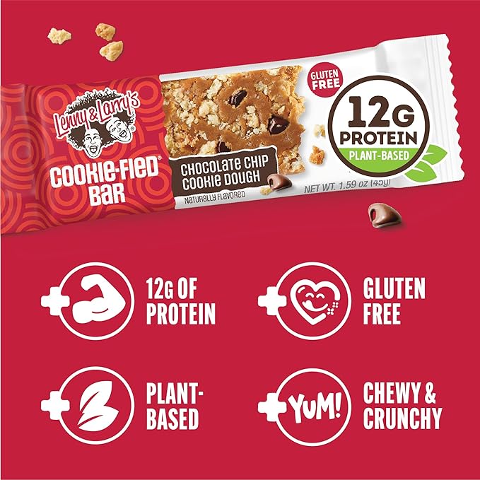 Lenny & Larry's Cookie-fied Bar ??Chocolate Chip Cookie Dough Vegan Protein Bars 9x45g ??Healthy Snacks with 12g Plant Protein & 5g Fiber ??Gluten free Power Bar, Keto Friendly, Non-GMO & Vegan