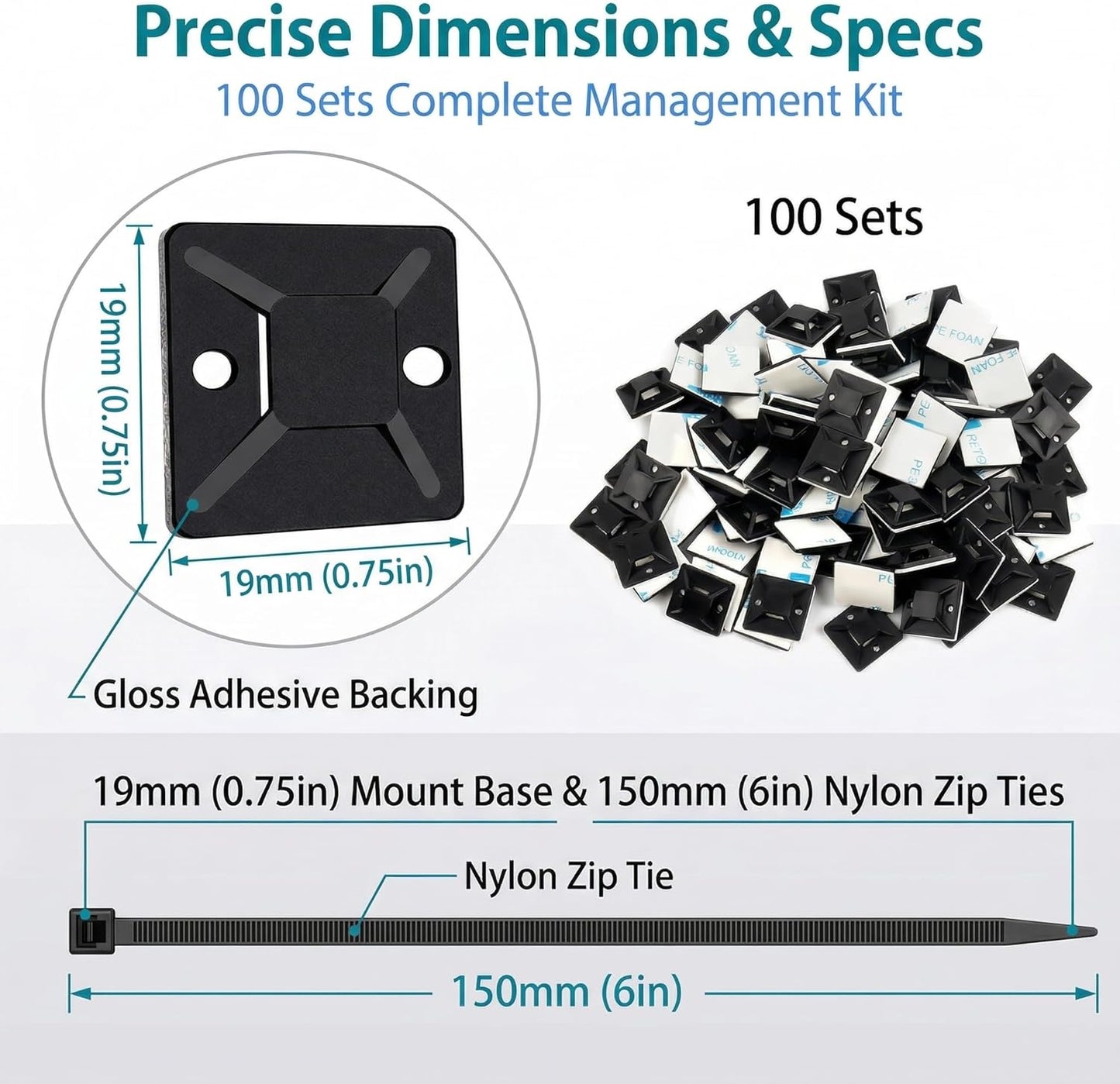 SeuYeugX 100PCS Set Zip Tie Mounts - Cable Self Adhesive Mounts for Wire Management with Stick Pads Anchors Clips