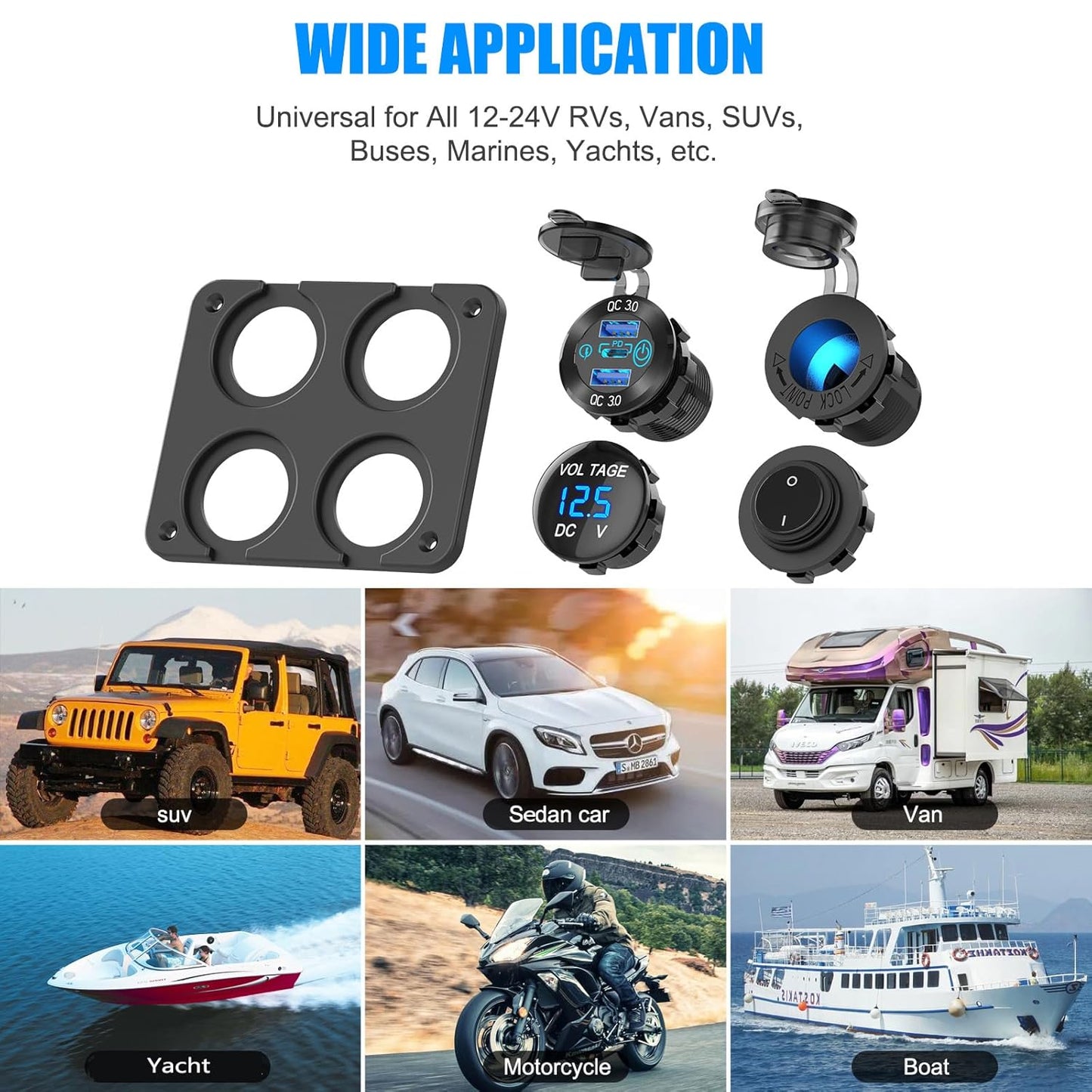12 12V PD30W QC18W 150W 4 1 Volt USB Outlet RV Accessory Marine Switch Panel, Dual and Car USB Port Aluminum Charger
