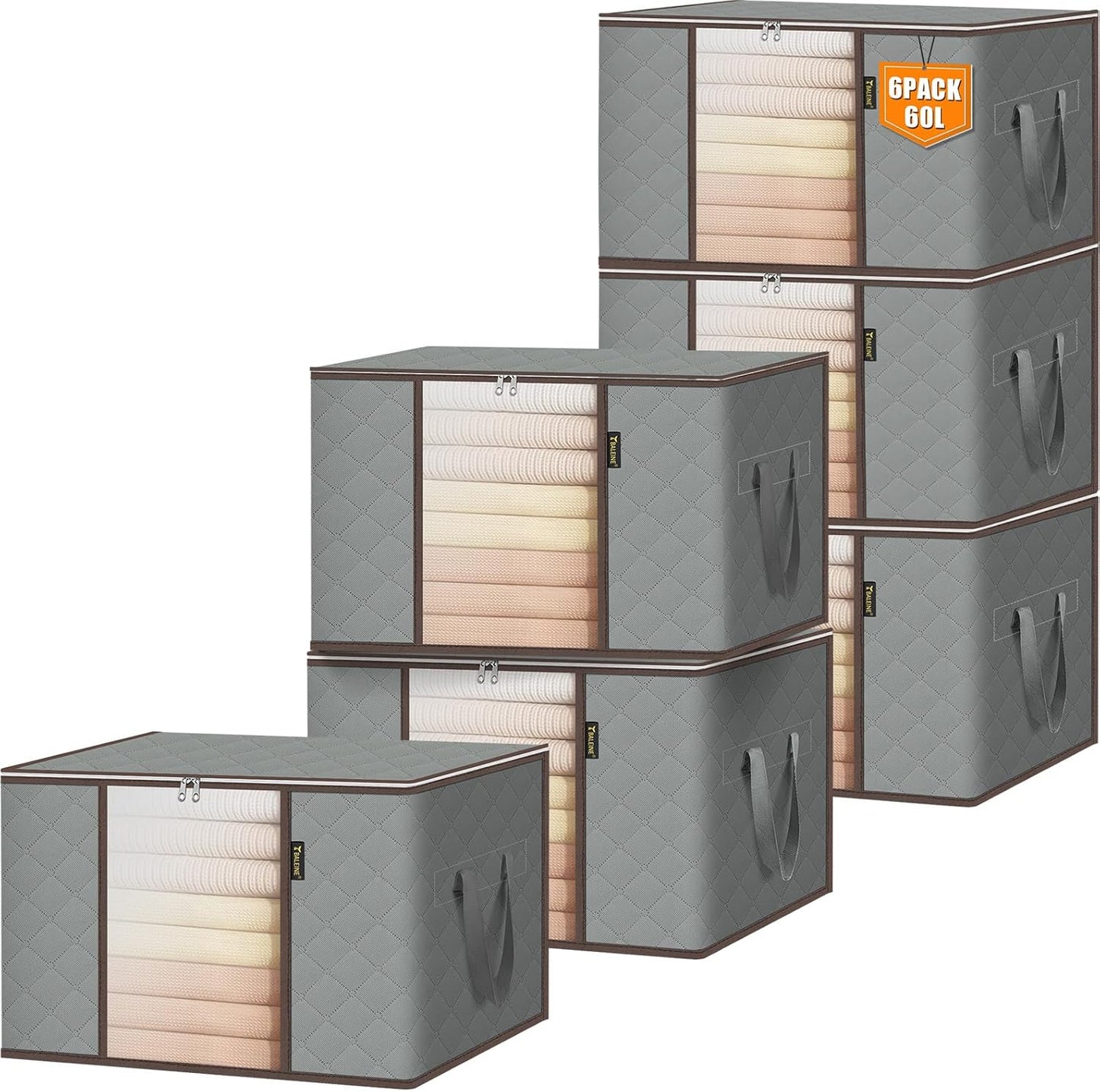 BALEINE 6 Pack Clothes Storage Bags - 16 Gallon Containers with Reinforced Handles | Sturdy Zipper, Grey