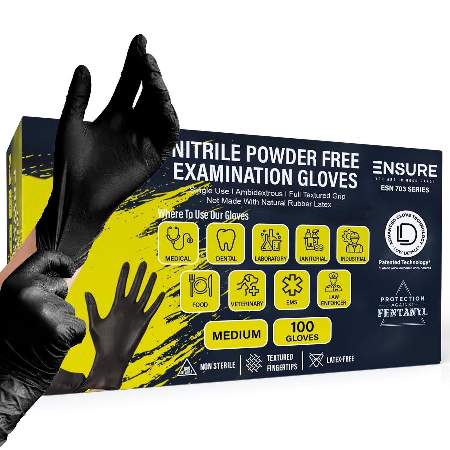 Ensure Black Nitrile Gloves – 7 Mil Heavy-Duty Disposable Gloves, Low Dermatitis, Powder & Latex Free, Puncture & Chemical Resistant for Mechanic, Industrial, Food Service, Medical Use (100, Medium)