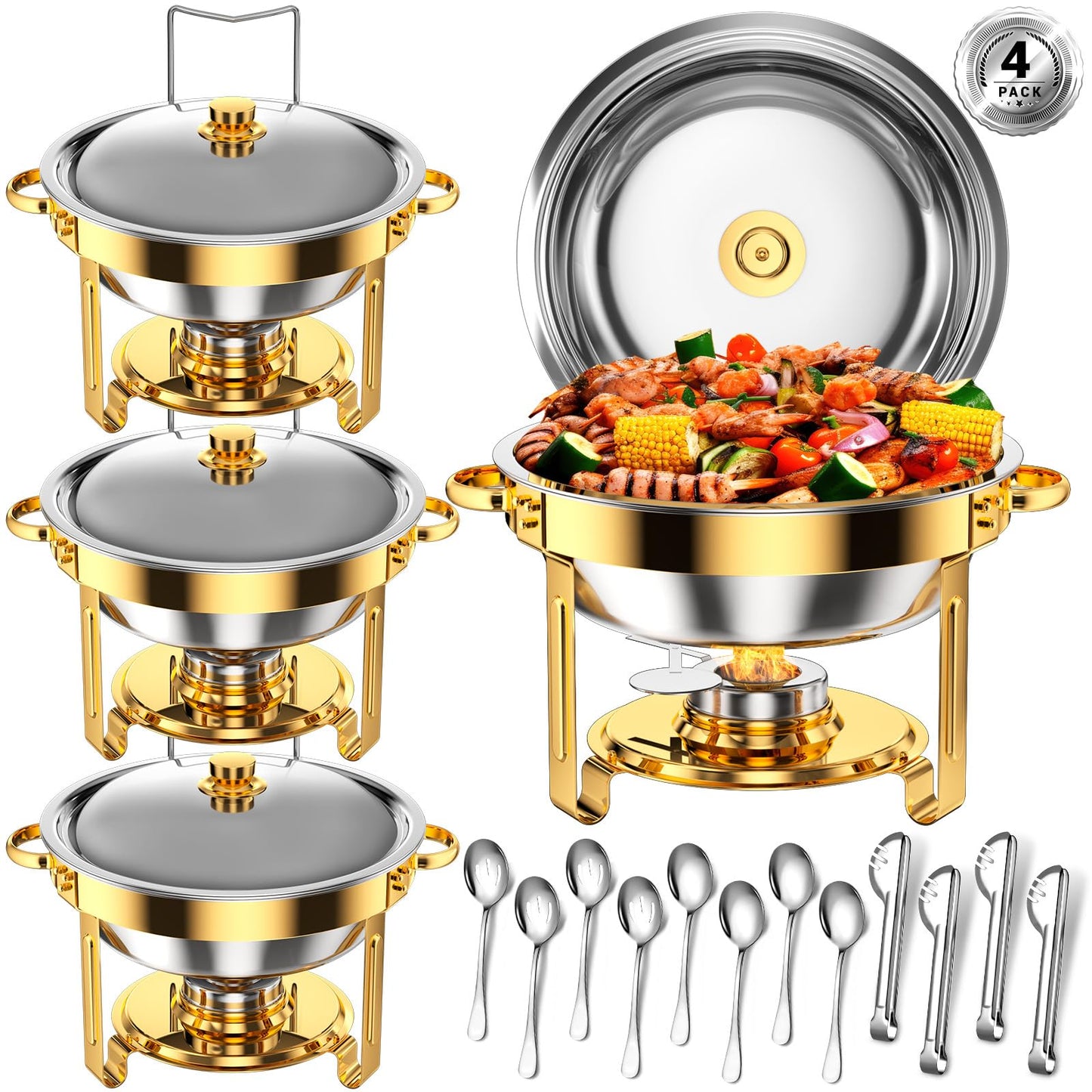 Keyoxy Round Chafing Dishes for Buffet 5 Qt,High Grade Chafing Dish Buffet Set, Full Size Pan,Rolled-Edge Design Food Warmers for Parties,Buffet,Wedding,Birthday,Camping 4 PACK (Gold)