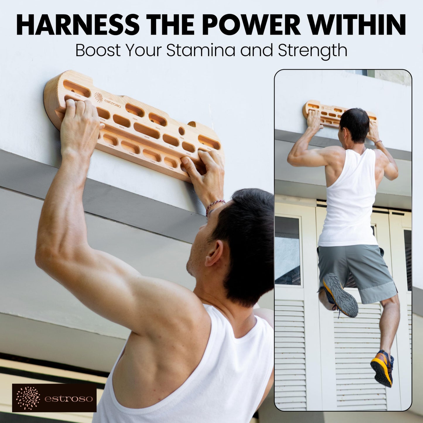 ESTROSO Wooden Hangboard - Training Hang Board with Adjustable Grip Depths, Grip Strengthener, Forearm Exerciser, Pull Ups - Climbing Fingerboard with Installation Kit