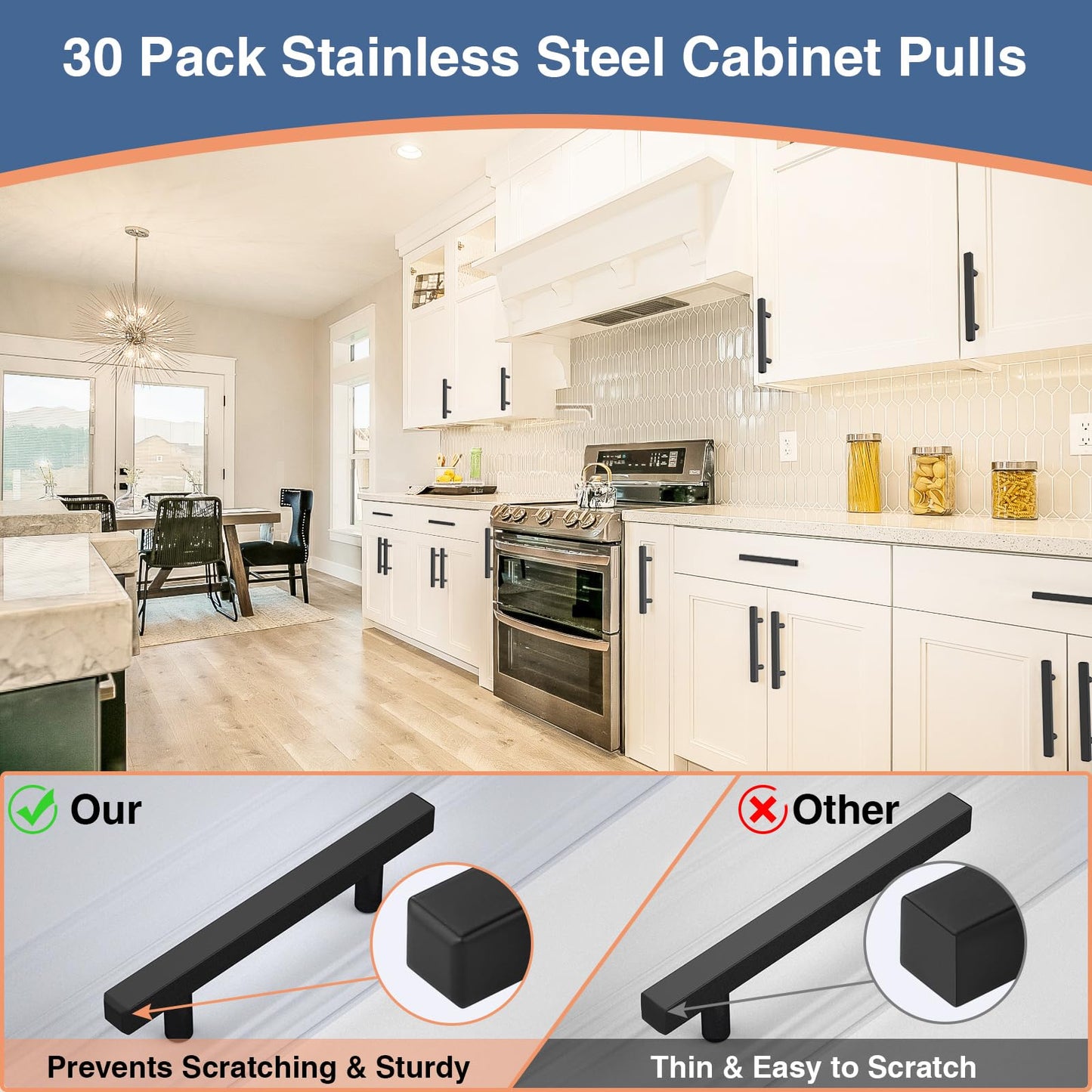 AEEKEL 30 Pack Square Cabinet Handles Matte Black Drawer Pulls 5" Length, 3" Hole Center Kitchen Handles for Cabinets Pulls, Stainless Steel Cabinet Hardware for Bedroom Bathroom Office