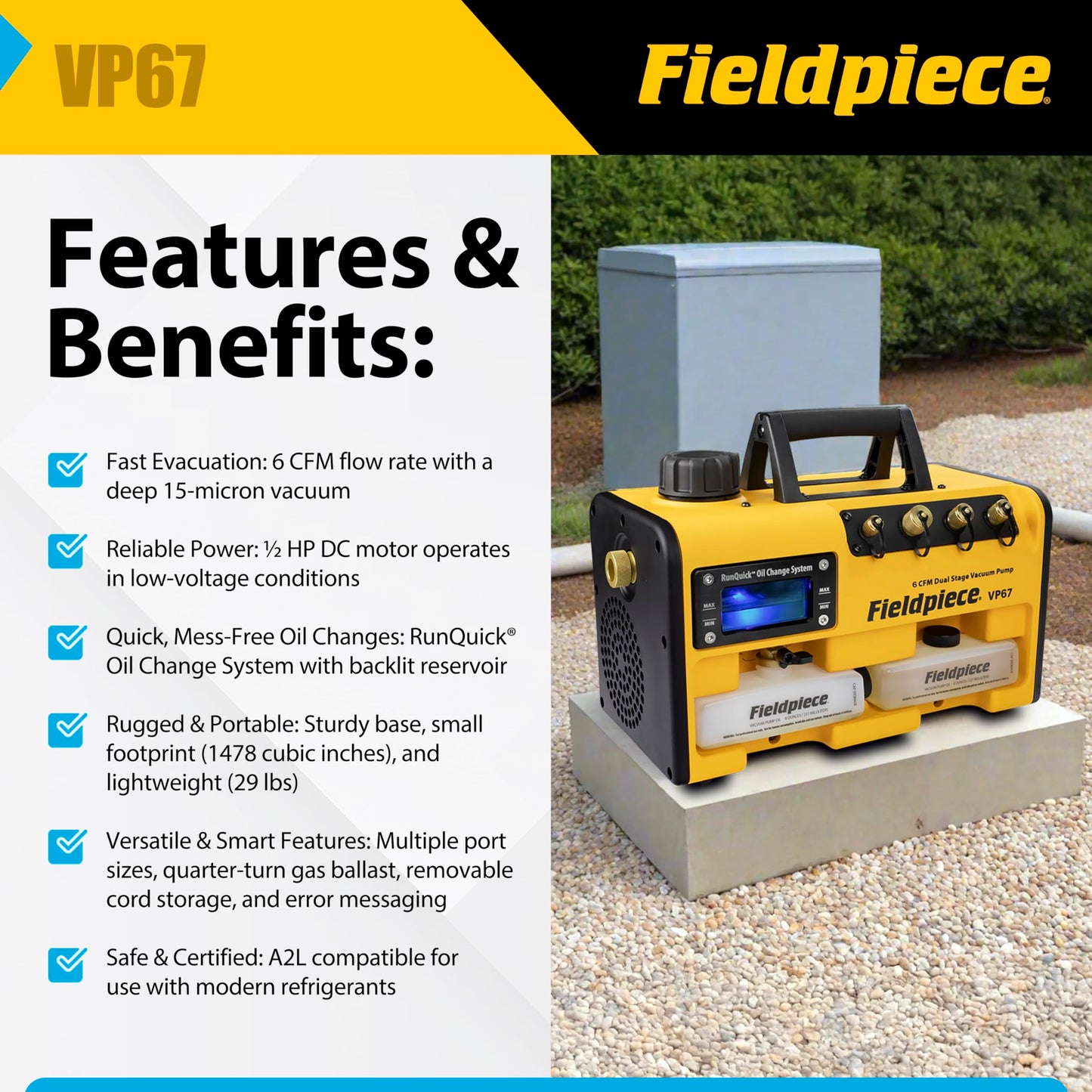 Fieldpiece VP67 Vacuum Pump – 6 CFM, 1/2 HP DC Motor, RunQuick Oil Change System – Portable - Professional HVAC Tool - A2L Compatible
