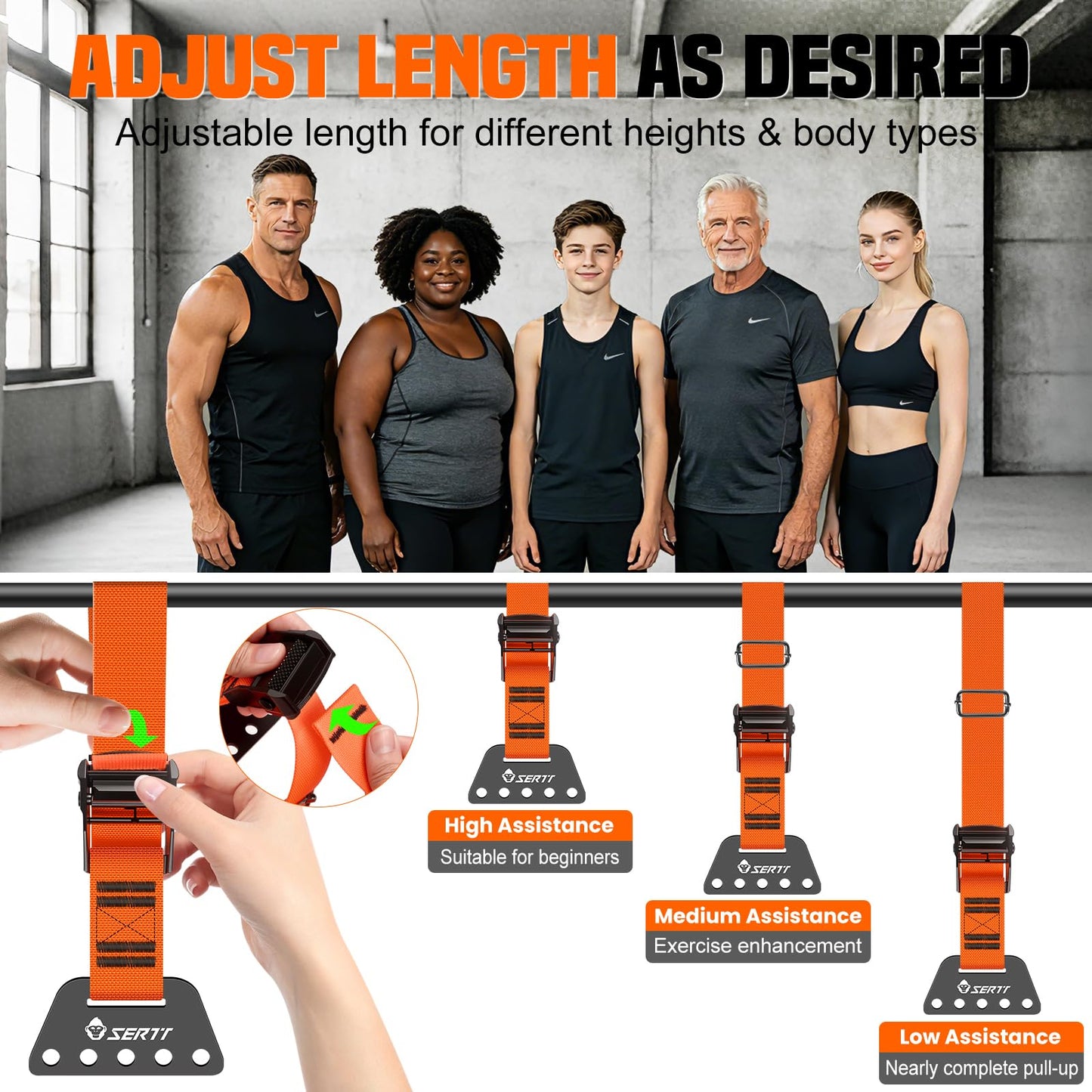 SERTT Adjustable Pull Up Assistance Band, Upgrade Pullup Assist Band for Pull Up Bar with 5 Heavy Duty Resistance Bands Support 375lbs (Orange)