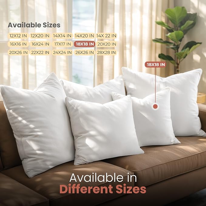 Utopia Bedding 18x18 Pillow Inserts, Set of 2, White – Indoor Decorative Throw Pillows for Bed, Sofa & Couch – Soft, Supportive & Fluffy Cushion Inserts