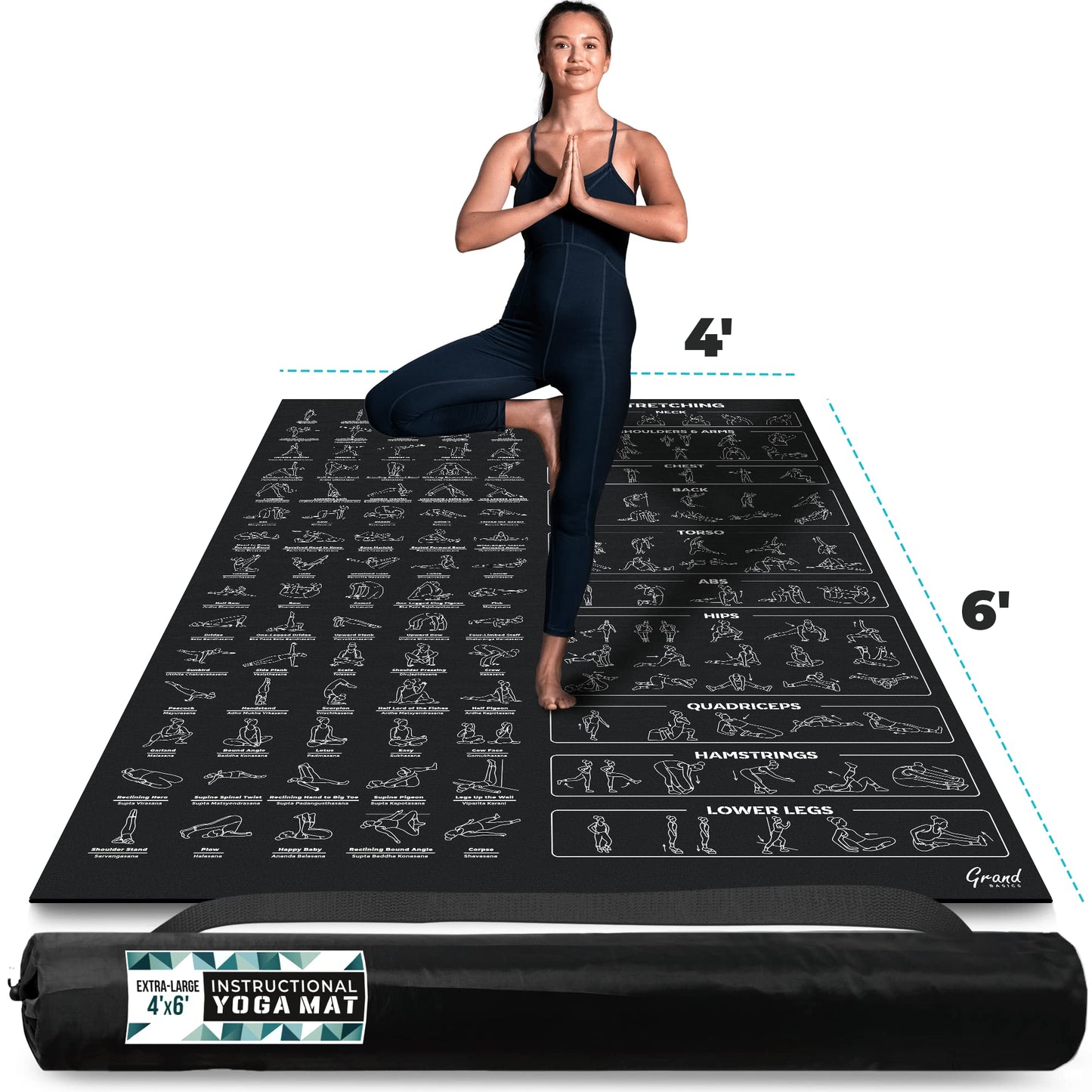 Extra-Large 6' x 4' Instructional Yoga Mat with Poses Printed On It - 2X Wider & Thicker than Regular Workout Mats - 150 Illustrated Yoga Poses and Stretches - Wide, Non-Slip, Barefoot Exercise Mat