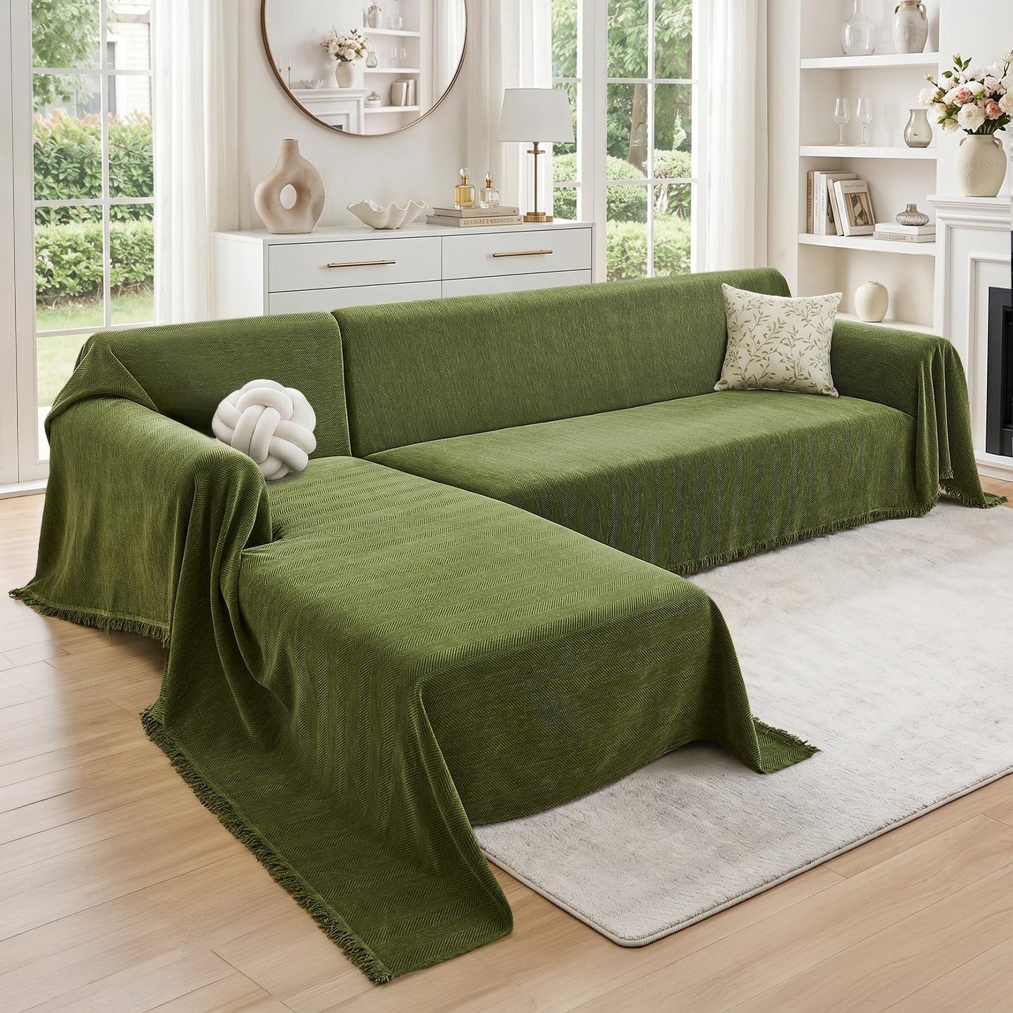 CAPALOCA Sectional Couch Covers 2 Pieces, L Shaped Couch Cover with Herringbone Pattern Chenille Sectional Cover Washable Sofa Slipcovers (X-Large: 71" x 110" + 71" x 118", Green)