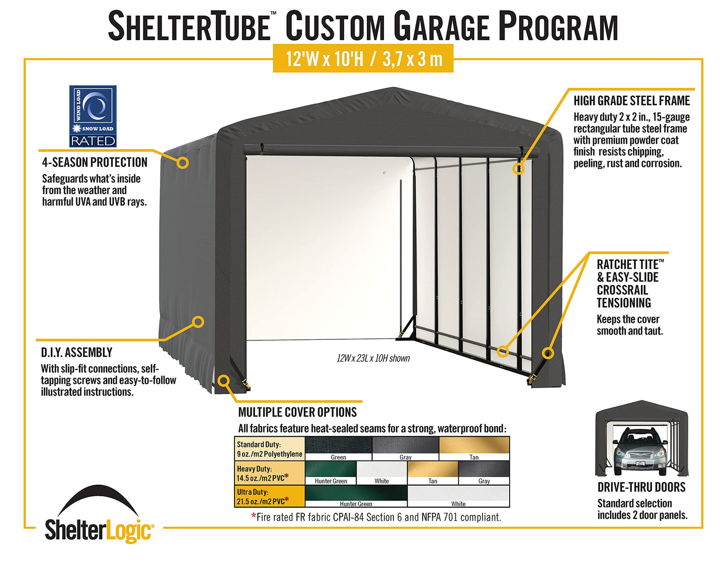 ShelterLogic ShelterTube Garage & Storage Shelter, 12' x 27' x 10' Heavy-Duty Steel Frame Wind and Snow-Load Rated Enclosure, Gray