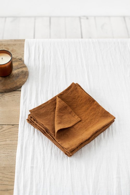 MagicLinen 100% Linen Napkins - Reusable Kitchen Cloth Napkins for Everyday Use - Eco friendy Dinner Table Napkins Set of 4 - Cinnamon Color