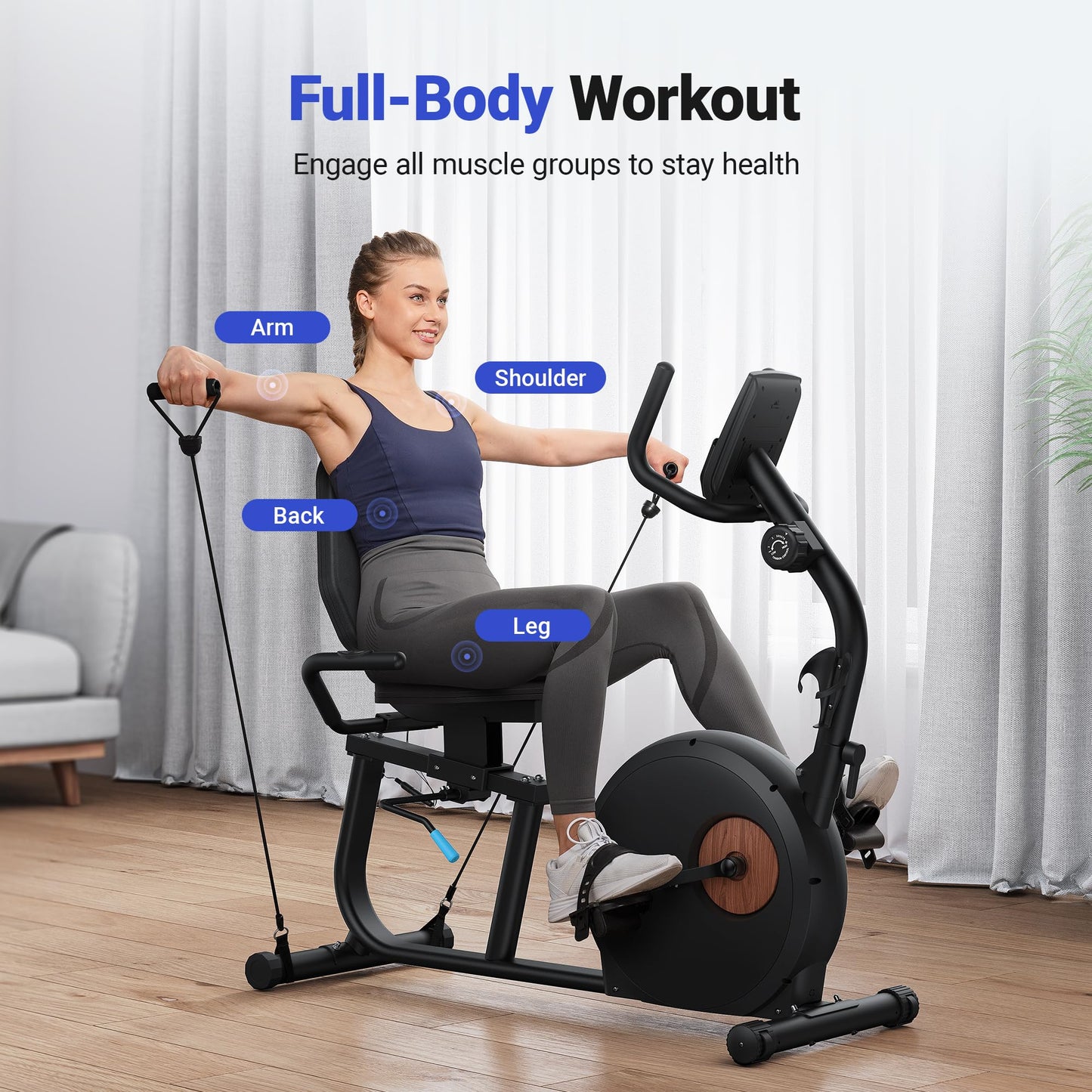 MERACH Recumbent Exercise Bike for Home, Upgraded Durable Magnetic Stationary Recumbent Bikes for Seniors Adults with Resistance Bands, Exclusive App, Adjustable Comfortable Seat, 350LB Capacity, S23
