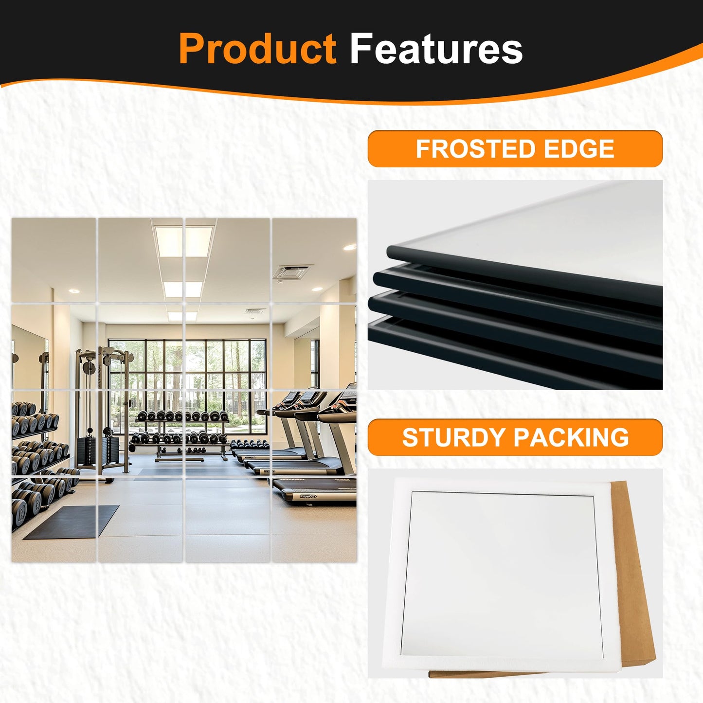 Delma Home Gym Mirrors, 12'' x 12'' Glass Mirror Tiles (16 PCS), Square Large Wall Mirror for Home Gym, Bedroom, Door,Bathroom, Frameless Mirror Sets