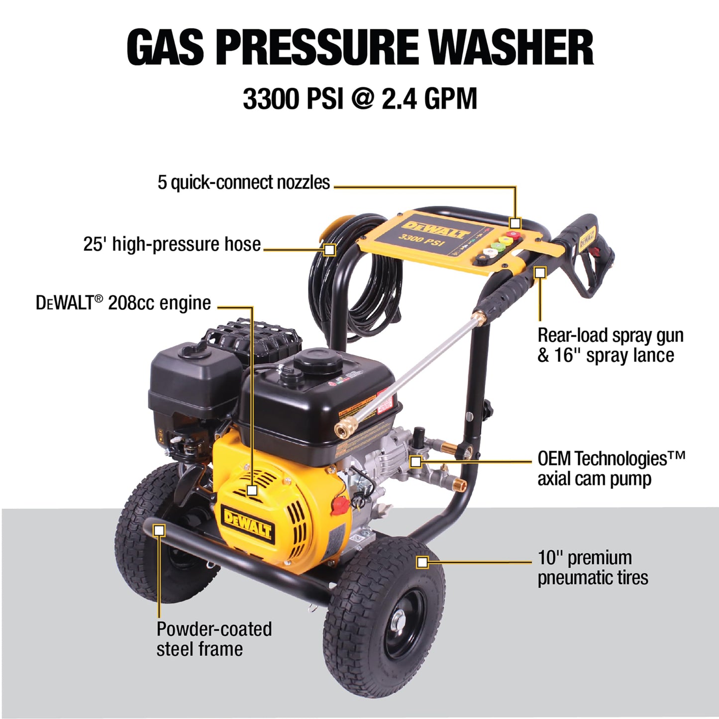 DeWalt 3300 PSI Gas Pressure Washer, 5 Nozzles, Spray Gun, Wand, 25-ft. Hose, DXPW3300-S, 49-State