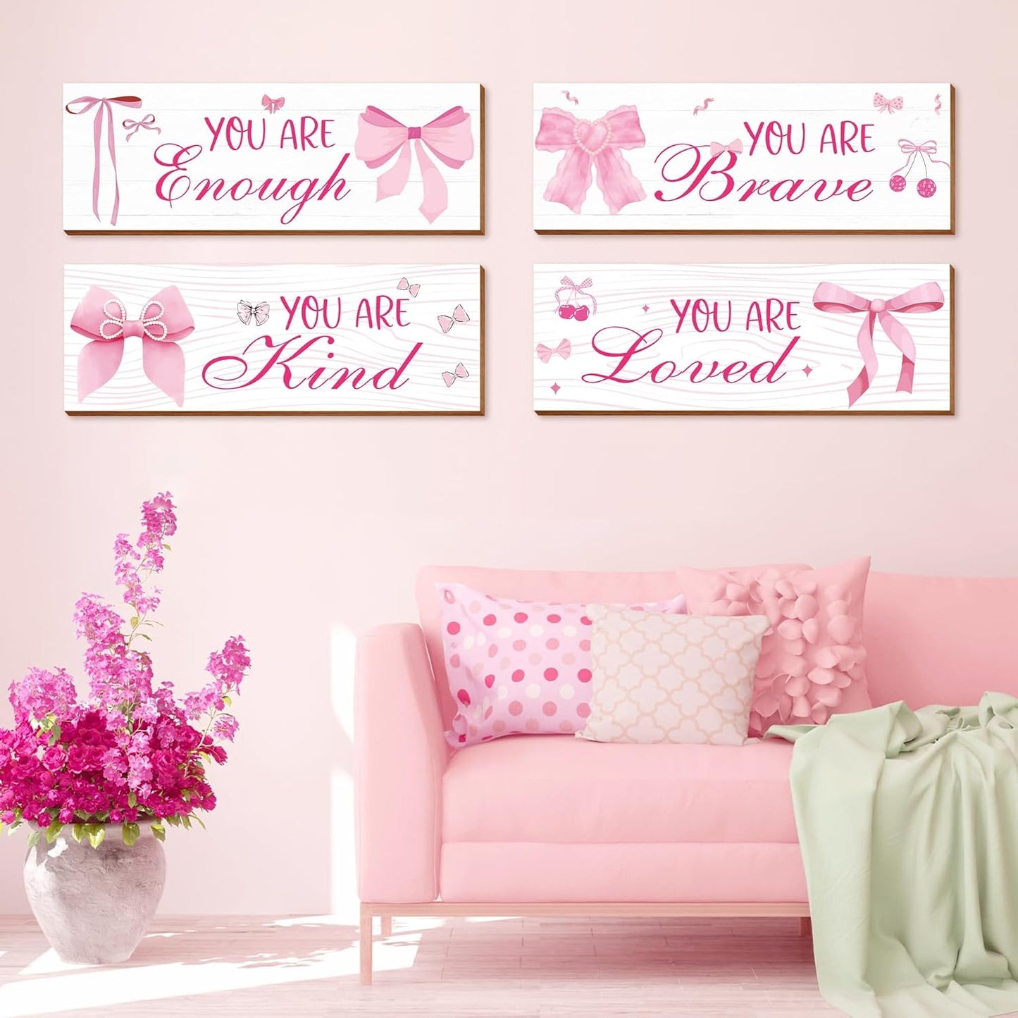 Skiennix Pink Wall Decor - 4 Pcs Inspirational Affirmations Art for Teen Girls' Rooms