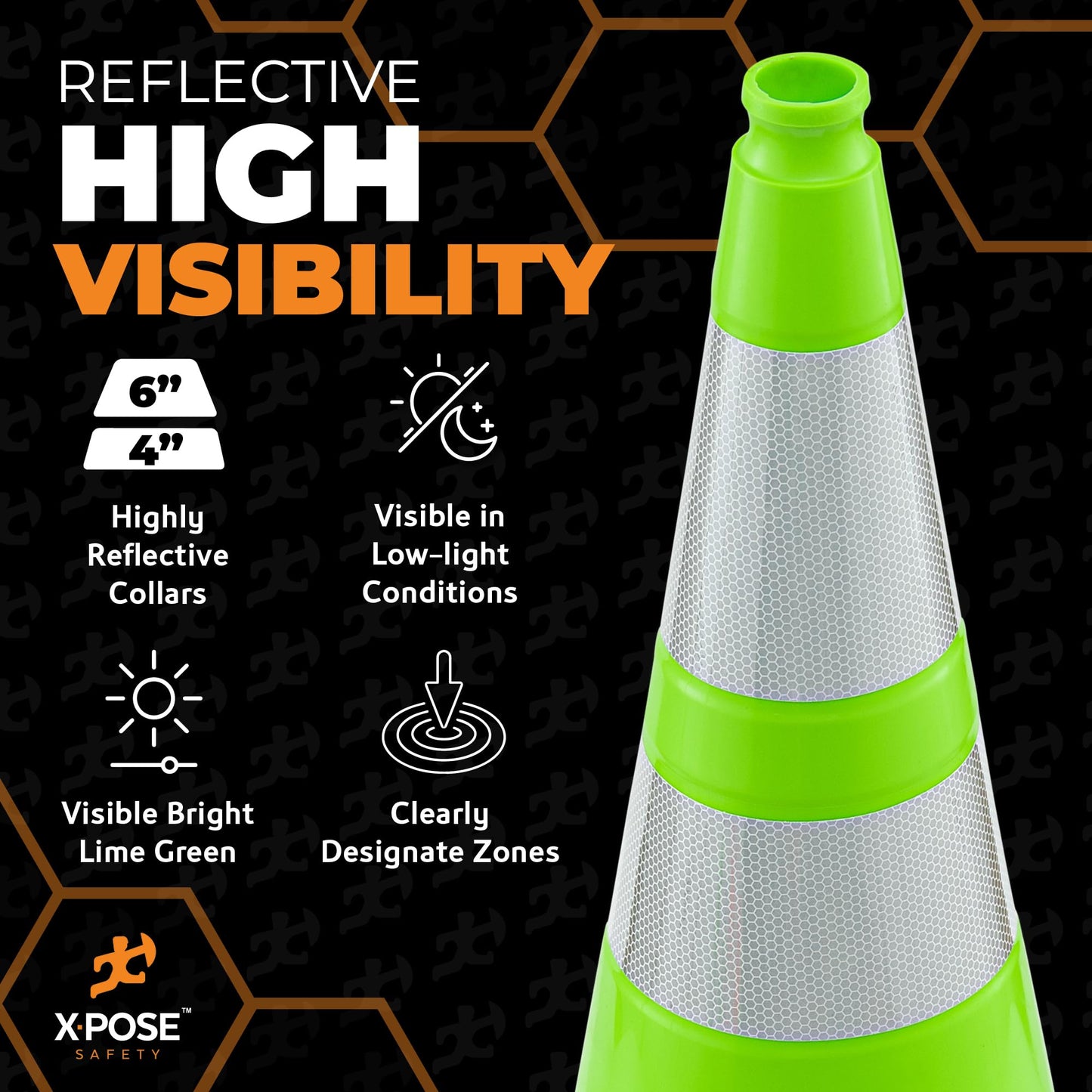 Xpose Safety 28” Lime Green Traffic Cone Dual 6" & 4" Reflective Collar – 6 Pack Multipurpose Premium PVC Safety Cone for Parking, Caution, Construction, Road Crews – Custom Stenciling Available