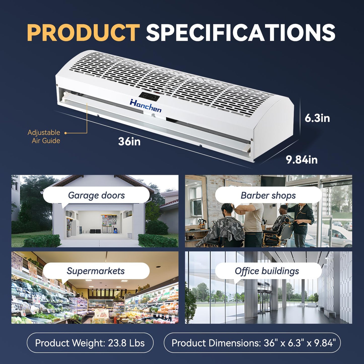 Hanchen 36 Inch Air Curtain 【2026 NEW VERSION】 Magnetic Door Switch 2 Speeds 1527/1292 CFM Uncooled&Unheated Remote Control Super Power Commercial Indoor Heavy Duty Air Door Fan 110V