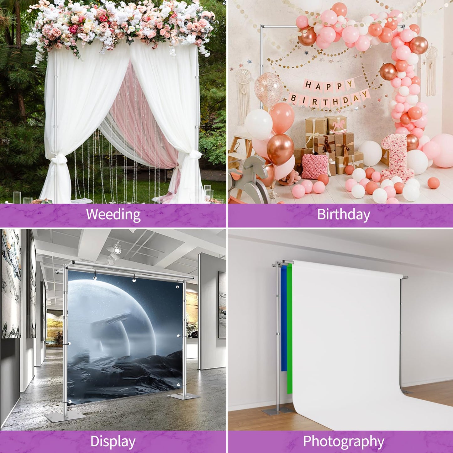 10x10 Triple Crossbar Pipe and Drape Stand Kit, Heavy Duty Backdrop Stand Adjustable, Sturdy Metal Back Drop Decoration Frame with Flat Base for Parties, Flower Wall, Wedding,Trade Shows, Photo Shoot