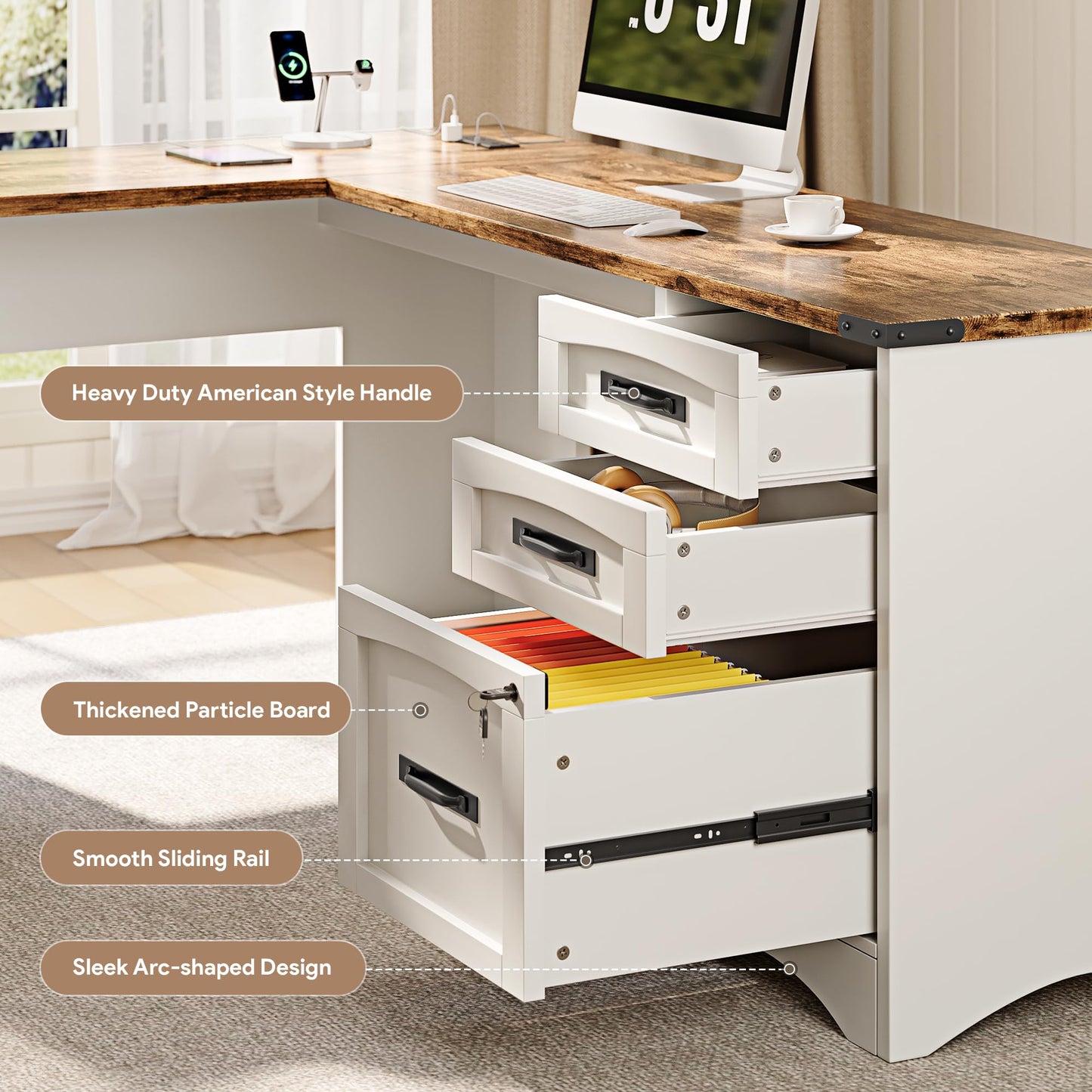 Decofy L Shaped Farmhouse Executive Desk with Drawers, 67" Home Office Desks with Fast Charging Station, Lockable File Cabinet, Wood Writing Computer Desk for Work, Study, White