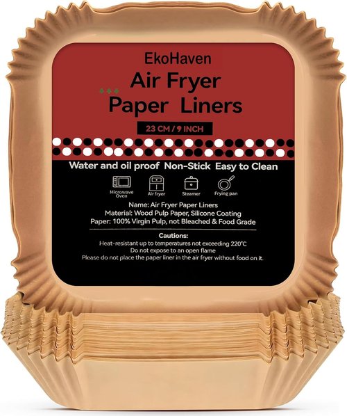 EkoHaven Signature Air Fryer Paper Liners - 127 Pcs Non-Stick & Oil Proof, 9” Square for 5-9qt Baskets