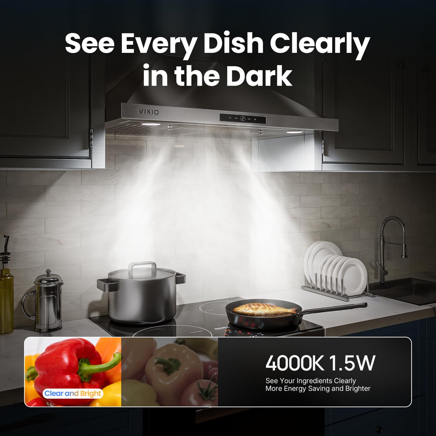 VIKIO HOME Wall Mount Range Hood 30 inch, 580 CFM, Ducted/Ductless Convertible, Stainless Steel Kitchen Vent Hood with 3-Speed Fan and LED Lights
