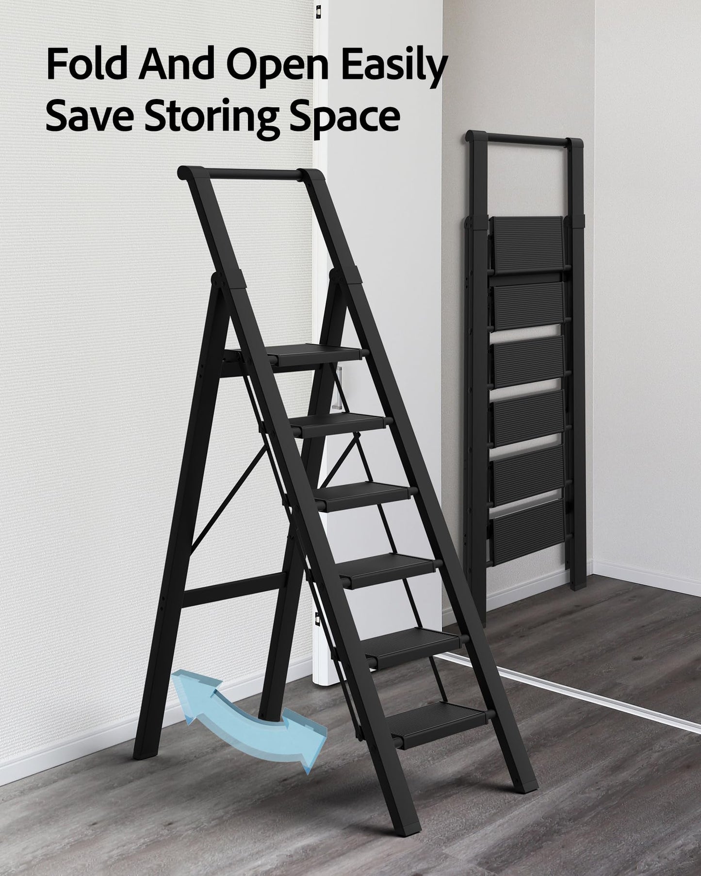 BEFITMACE 6 Step Ladder, Lightweight Folding Step Stool with Convenient Handgrip,Aluminum 330lbs Capacity Step Ladder for Office,Household,Kitchen(Black)