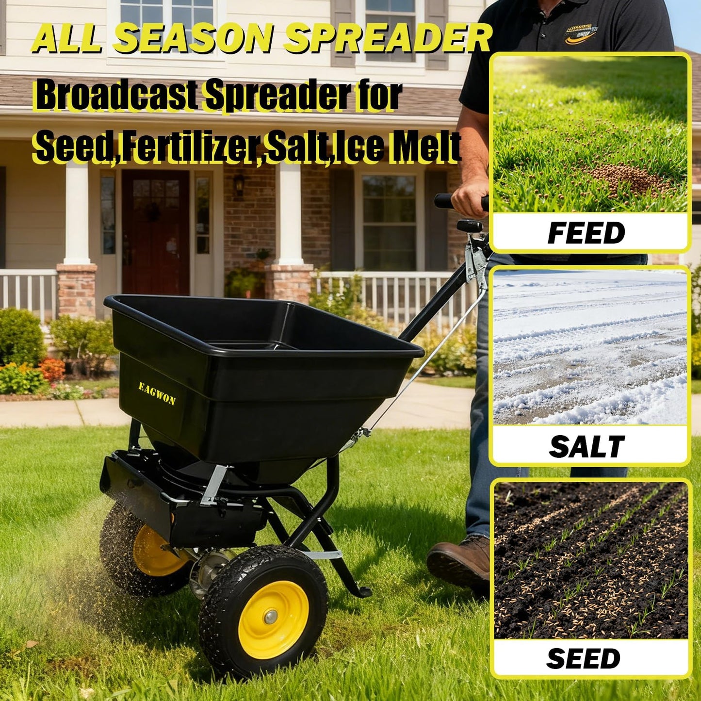 EAGWON Walk-Behind Push Broadcast Spreader, 100lb Capacity Fertilizer Spreader, 0-9.8ft Spreading Width, 13in All-Terrain Solid Tires, All Season for Seed/Fertilizer/Salt/Ice Melt