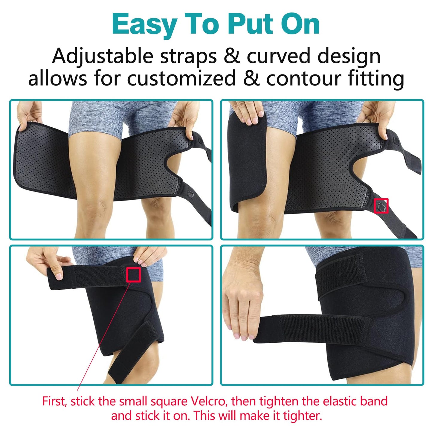 Thigh Brace, Hamstring Quadriceps Support and Thigh Wraps , Adjustable Compression Sleeve Support for Pulled Groin Muscle, Sprains, Tendonitis, Sciatica Pain and Sports Recovery for Men and Women (Black)