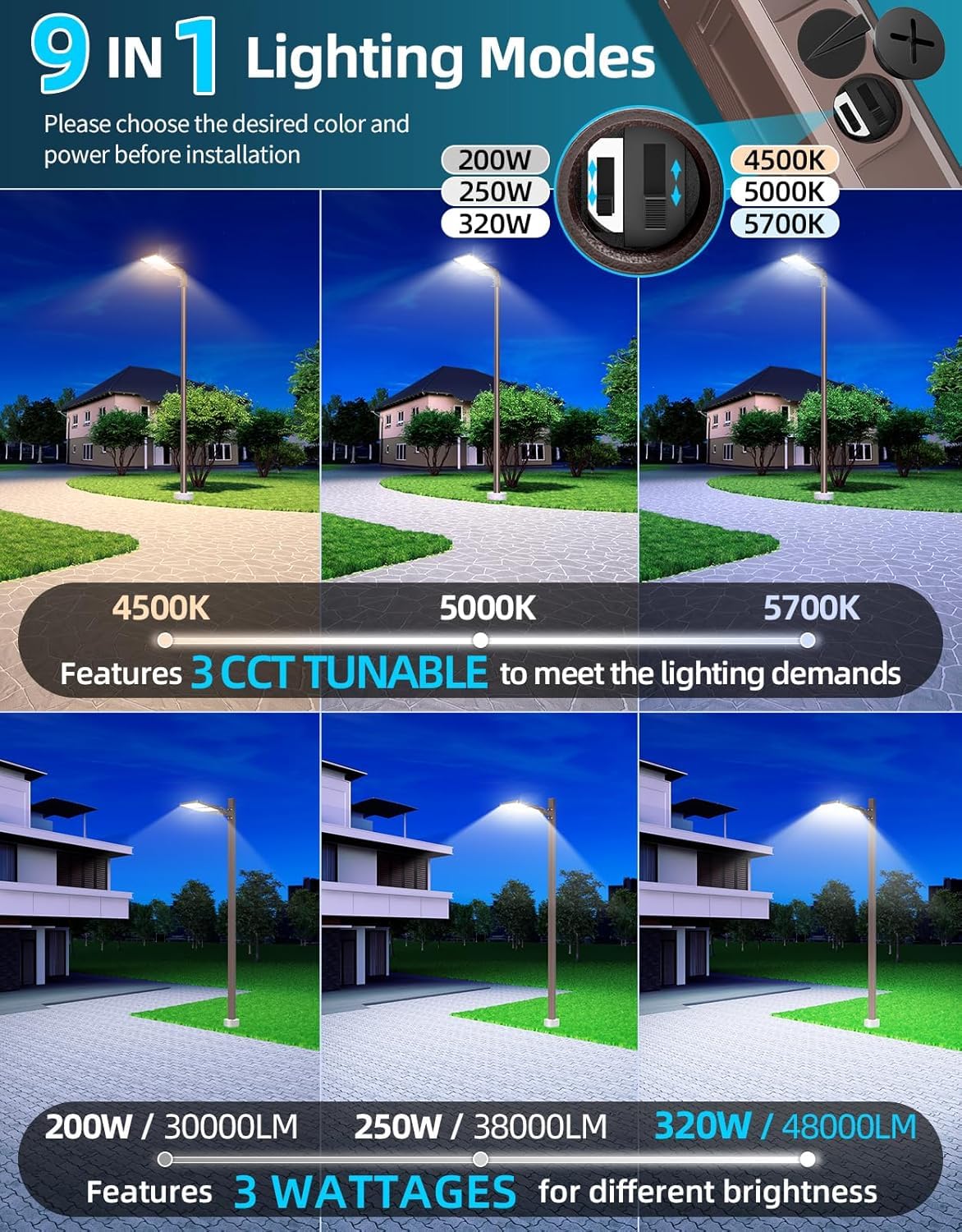 ADUB 10PCS LED Parking Lot Lights 320W 250W 200W, LED Shoebox Light 5700K 5000K 4500K Arm&Slip Fit Mount,Outdoor Pole Light with Photocell, IP65 Commercial Street Area Flood Lighting 100-277V