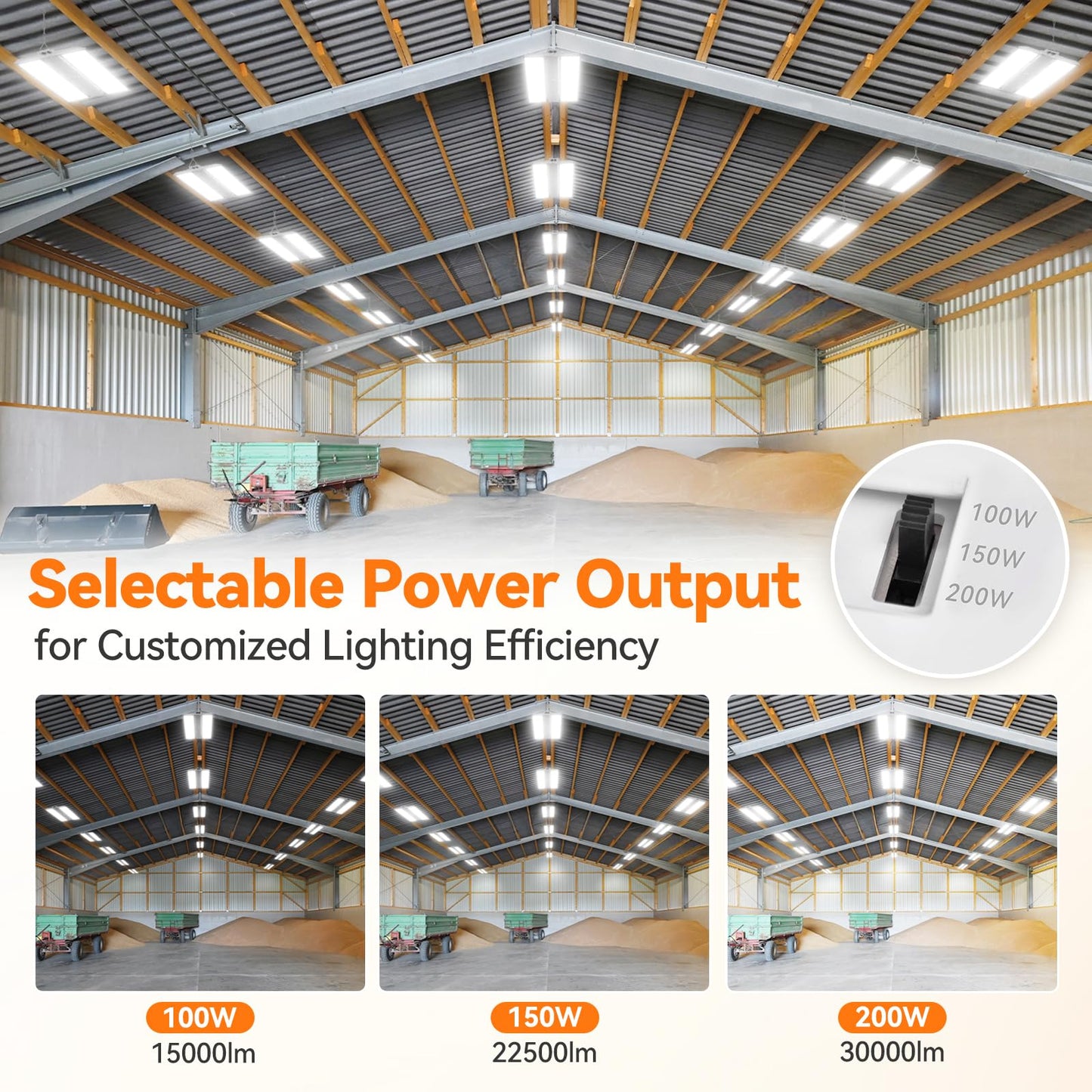 Comiled 2FT Linear High Bay Shop Lights, 200W/150W/100W & 6000K-5000K-4000K Selectable, 30000lm, 0-10V dimmable, 100-277V, Adjustable Tilt Hanging Light Fixture for Warehouse, Workshop, ETL, 2-Pack