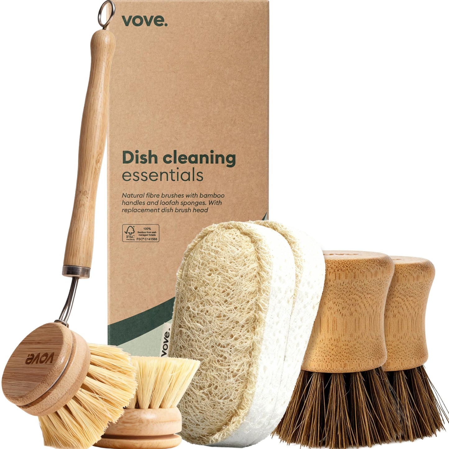 Vove Cleaning Essentials Set – Bamboo Dish Brush with Replacement Head, 2 Scrub Brushes, 2 Scrub Sponges – FSC Certified, Plastic-Free, Natural Bristles & Loofah – Eco-Friendly Kitchen Cleaning Kit