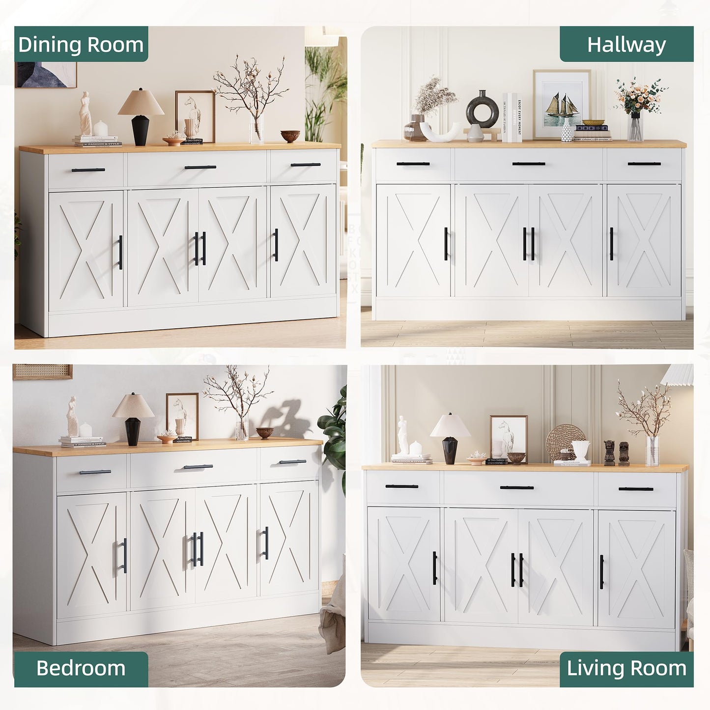 Shintenchi Buffet Cabinet with Storage,53.4" Large Kitchen Storage Cabinet with 3 Drawers and 4 Doors,Wood Farmhouse Buffet Sideboard with Adjustable Shelf for Kitchen Living Room, White