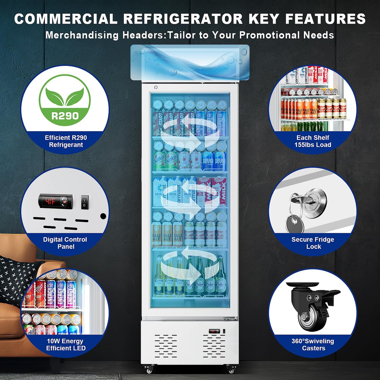 FreezLabs White Commercial Glass Door Display Refrigerator 11 Cu.ft Cooler Beverage Refrigerators with LED Light and 5 Shelves for Cafe Restaurant Store Bar