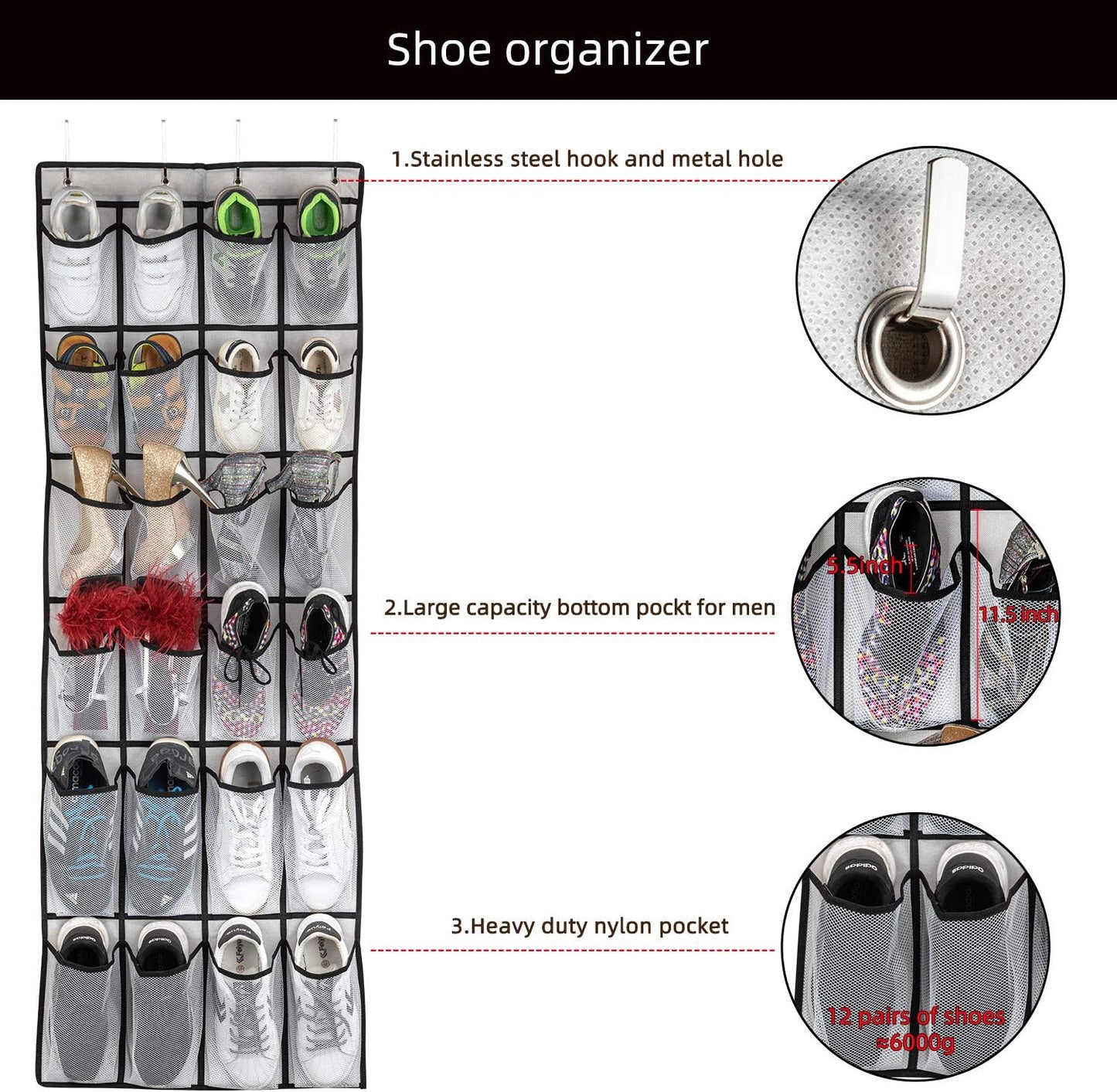 SAVERHO Over The Door Shoe Organizer - 24 Mesh Pockets for Efficient Storage | White Hanging Shoe Rack