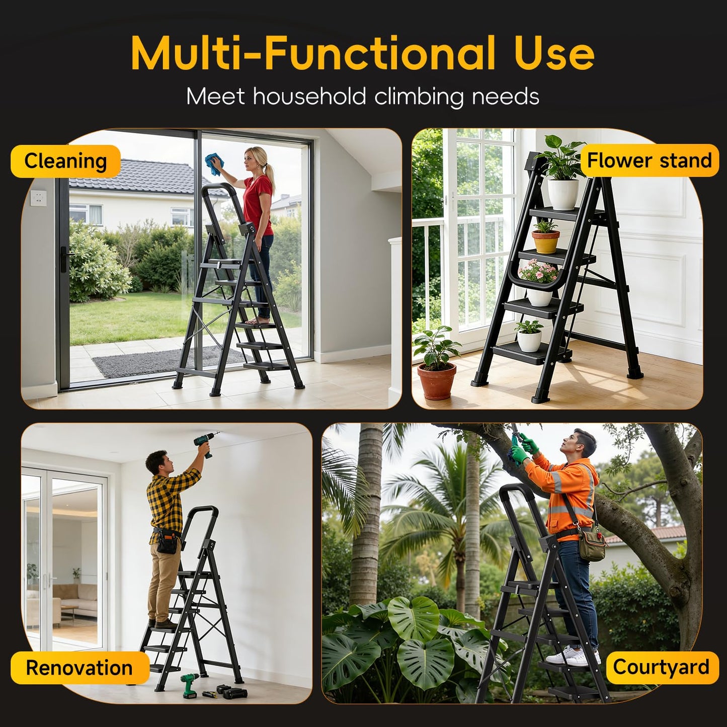 7 Step Ladder, Retractable Handgrip Folding Step Stool with Anti-Slip Wide Pedal, Carbon Steel Step Stool Ladders for Adult,Safety Household Ladder for Kitchen,Home,Office&Garage