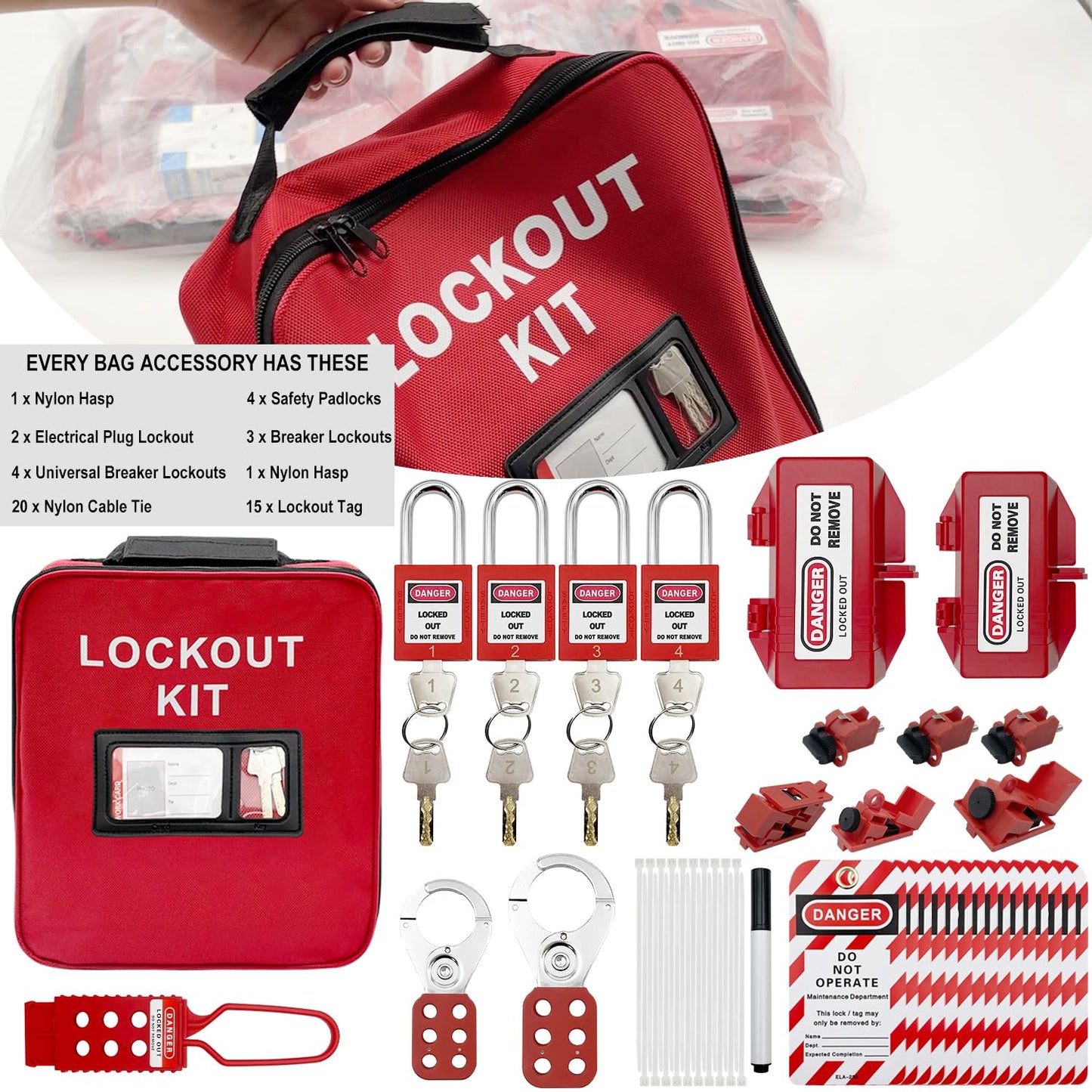 SAFBY 3-in-1 Lockout Tagout (Loto) Kit–Complete OSHA Safety Group Lock Out Hasps, Tag Out Clamp-On Circuit Breaker Lockout for Universal Multi- Pole Breaker Electrical Kits Station (3 Kits in 1)
