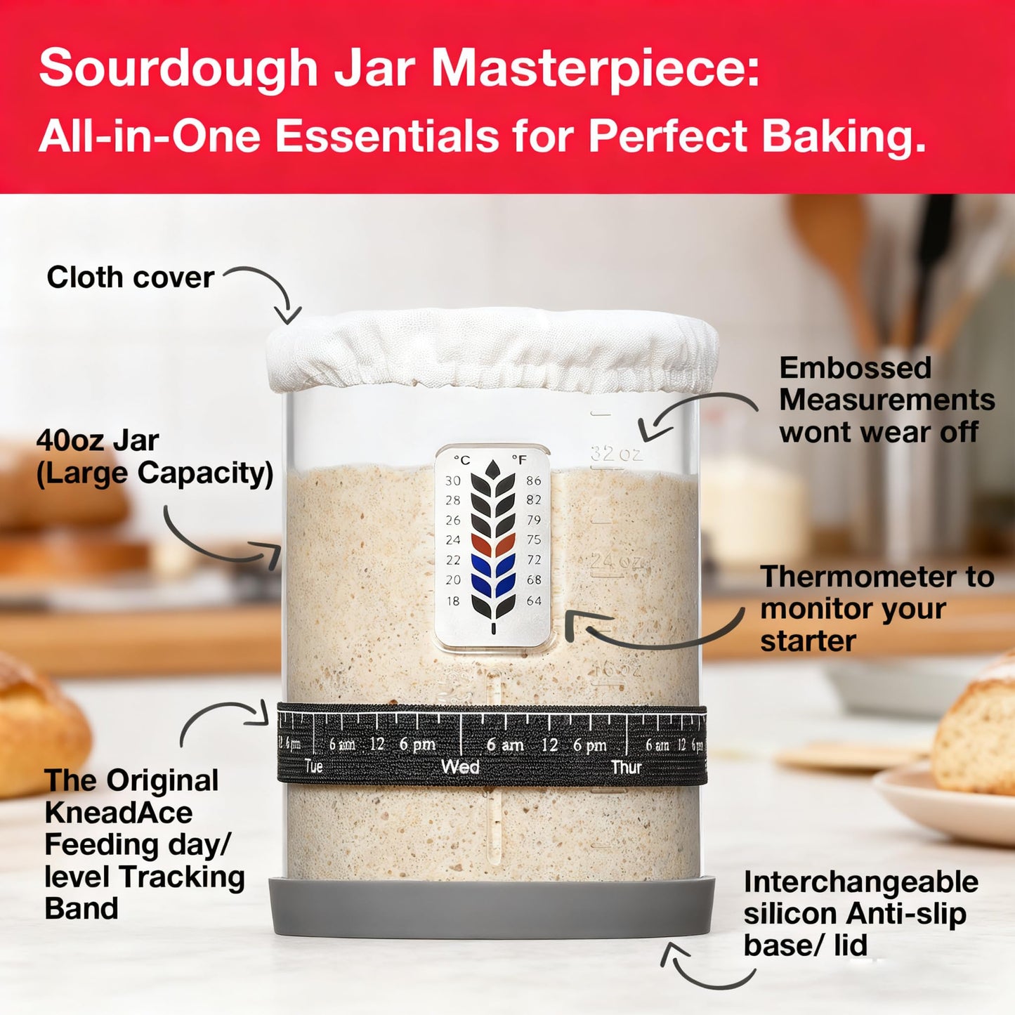2 Pack Premium Pro Sourdough Starter Jar Kit - 40oz Large Wide Mouth Sourdough Bread Jar with Marked Feeding Band, Thermometer, Scraper, Cloth Cover & Silicone Lid/Base, Glass Container, Baking Supply
