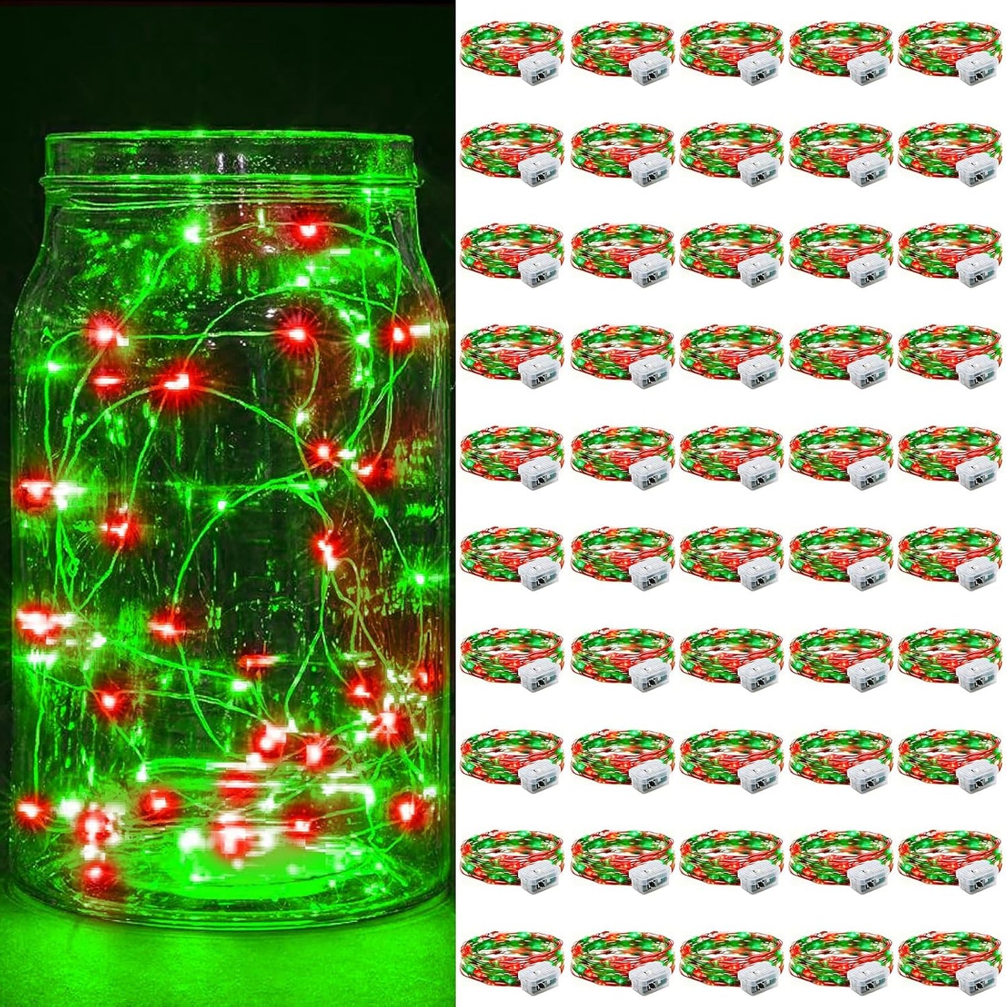 Skiennix 50 Pack Fairy Lights - 7Ft 20 LED Twinkle String Lights | Waterproof & Battery Operated for Parties, Weddings, Christmas & More - Red & Green