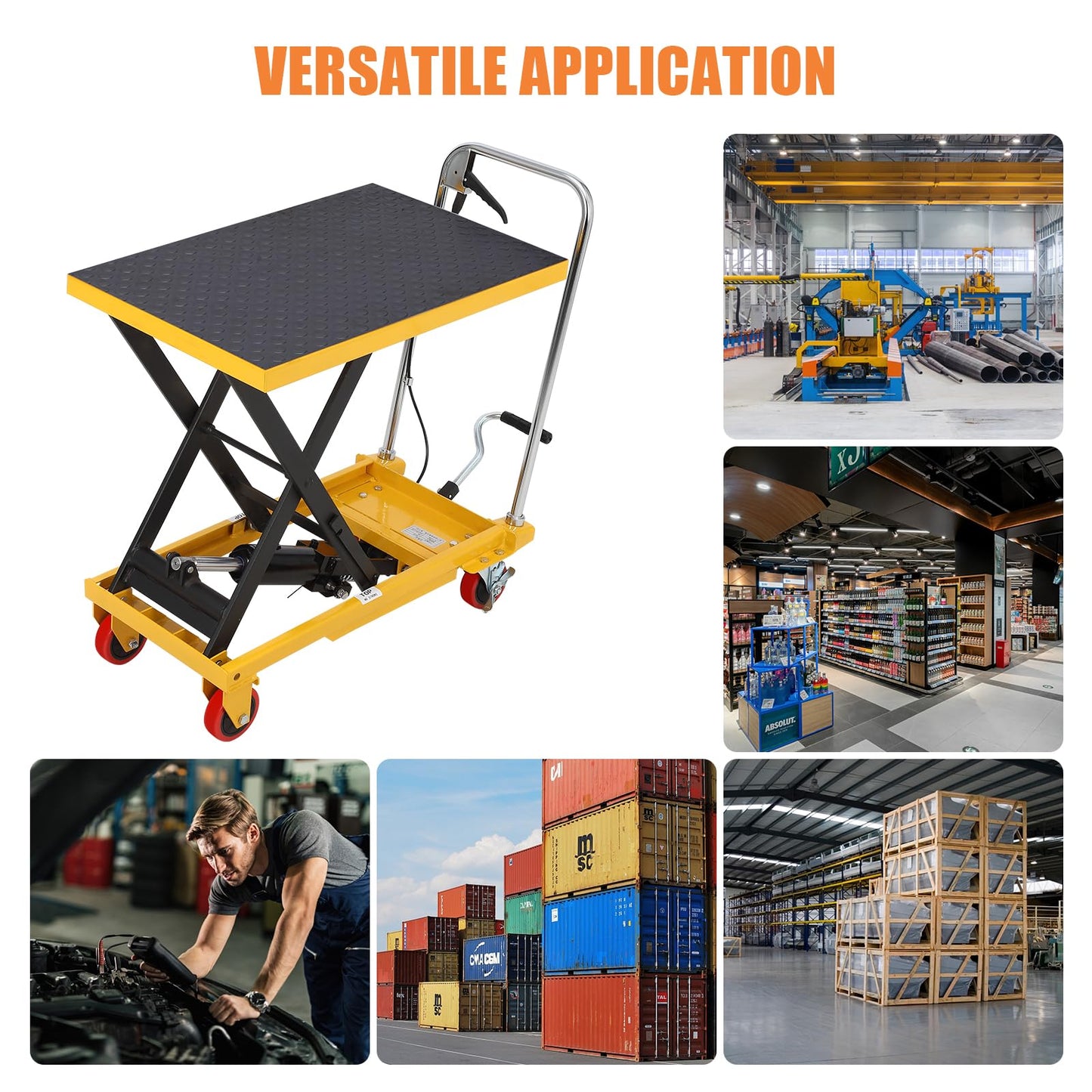 Heavy Duty Hydraulic Lift Table Cart for Stairs – 500 lbs Capacity, Single Scissor Manual Lifting, 28.5" Max Height, Non-Slip Platform, 4 Wheels for Safe Material Handling and Transportation